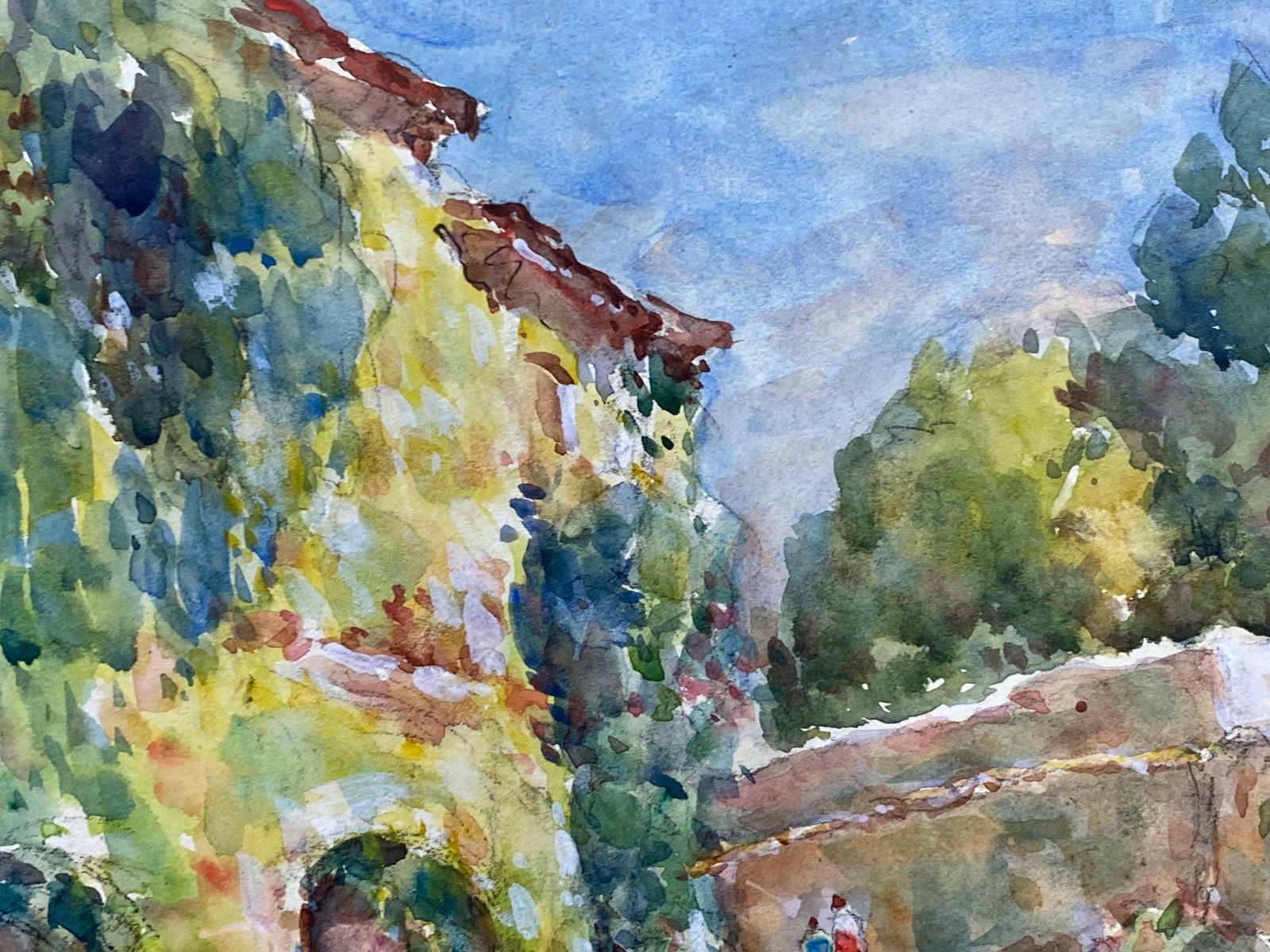 Camille Meriotst Paul De Vence  French Signed Watercolour Painting   Colourful French Streetsc. 1940's photo vinterior