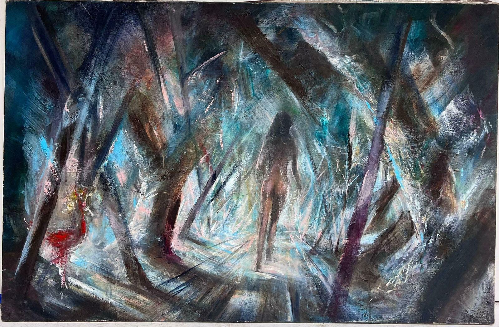 French Schoolhuge 1960's French Fantasy Abstract Oil Painting Nude Lady Walking Through Woods1960's photo furniture