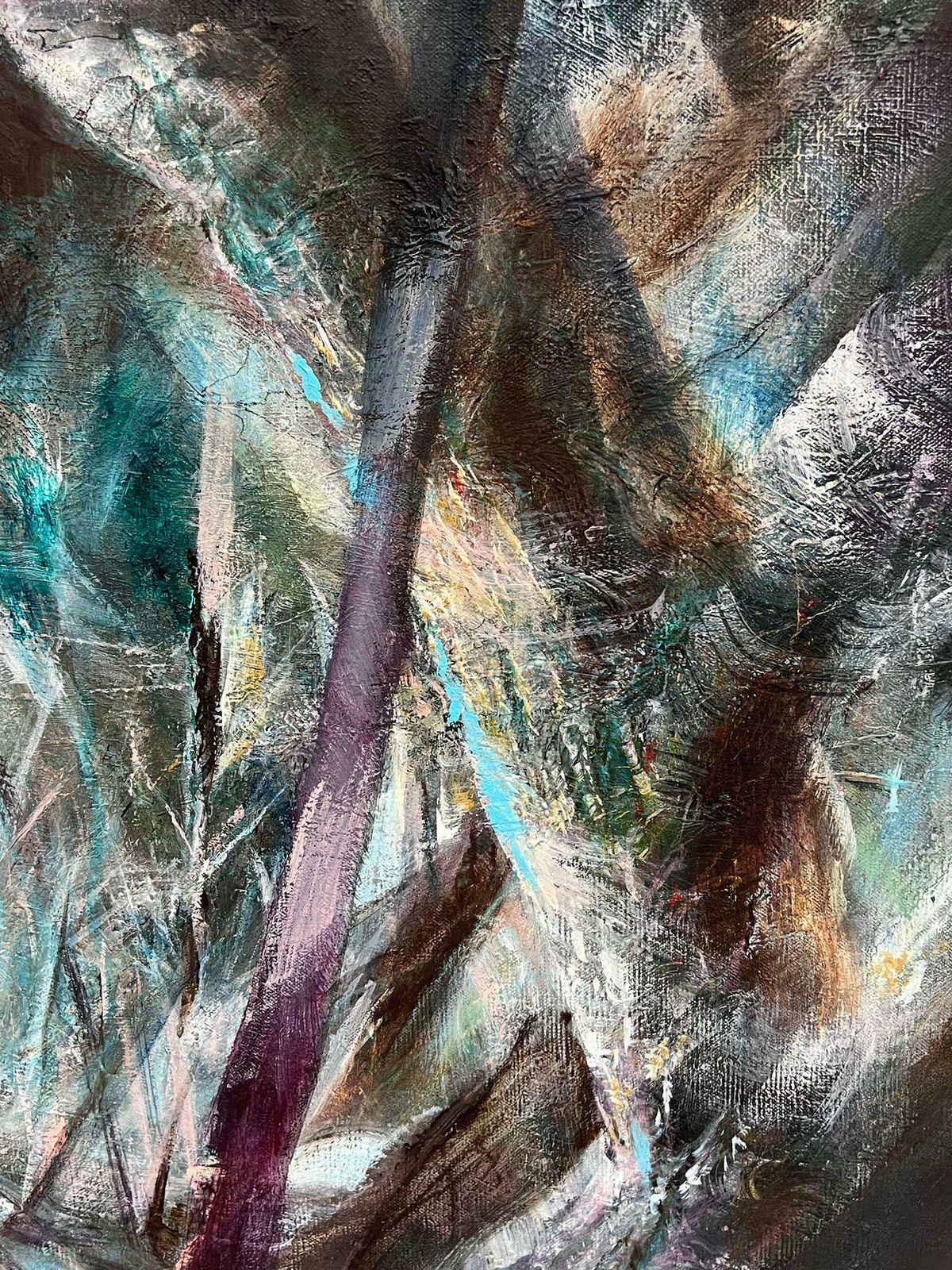 French Schoolhuge 1960's French Fantasy Abstract Oil Painting Nude Lady Walking Through Woods1960's photo for sale