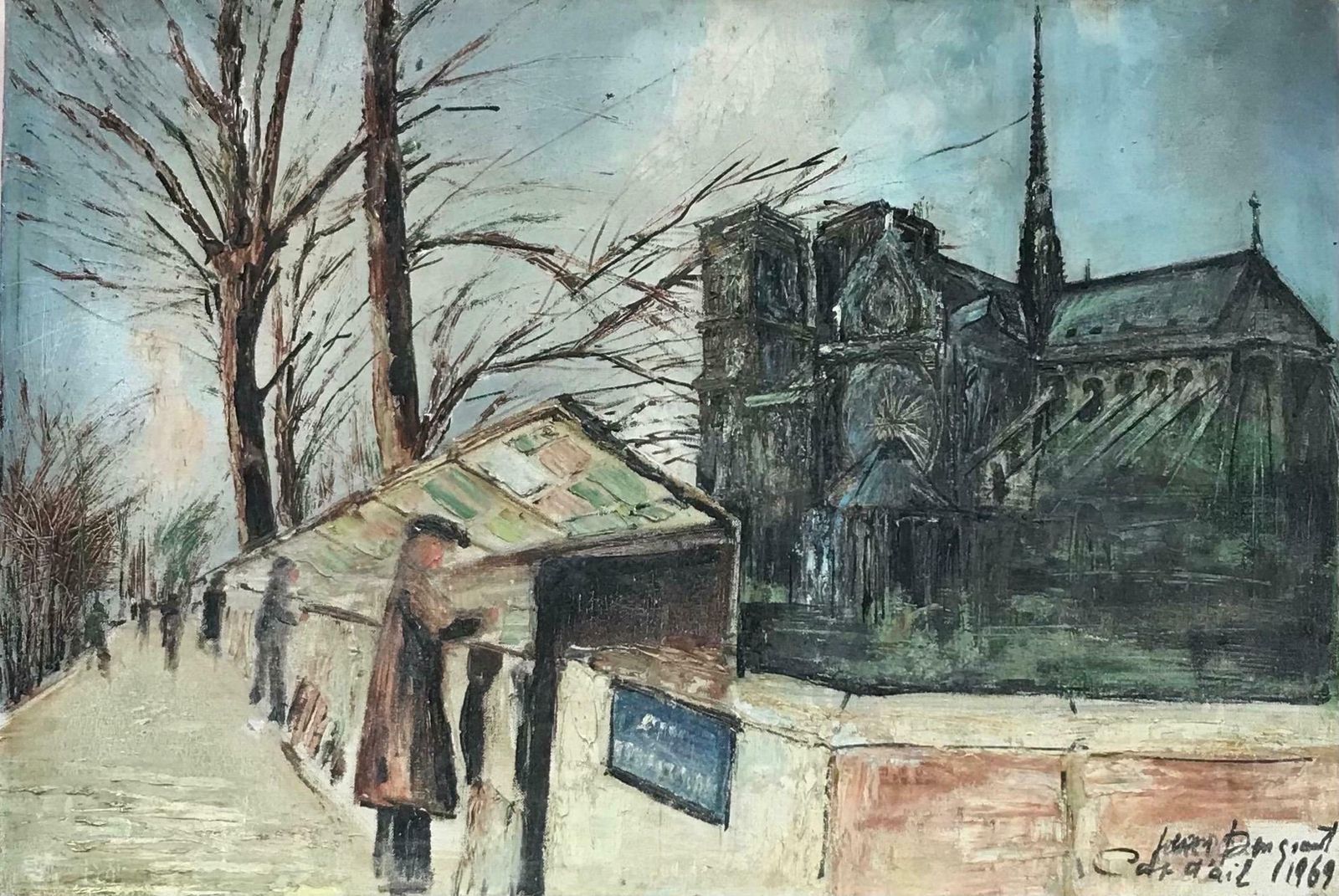French School1960's French Signed Oil Painting Bouquinistes River Seine Notre Dame Paris