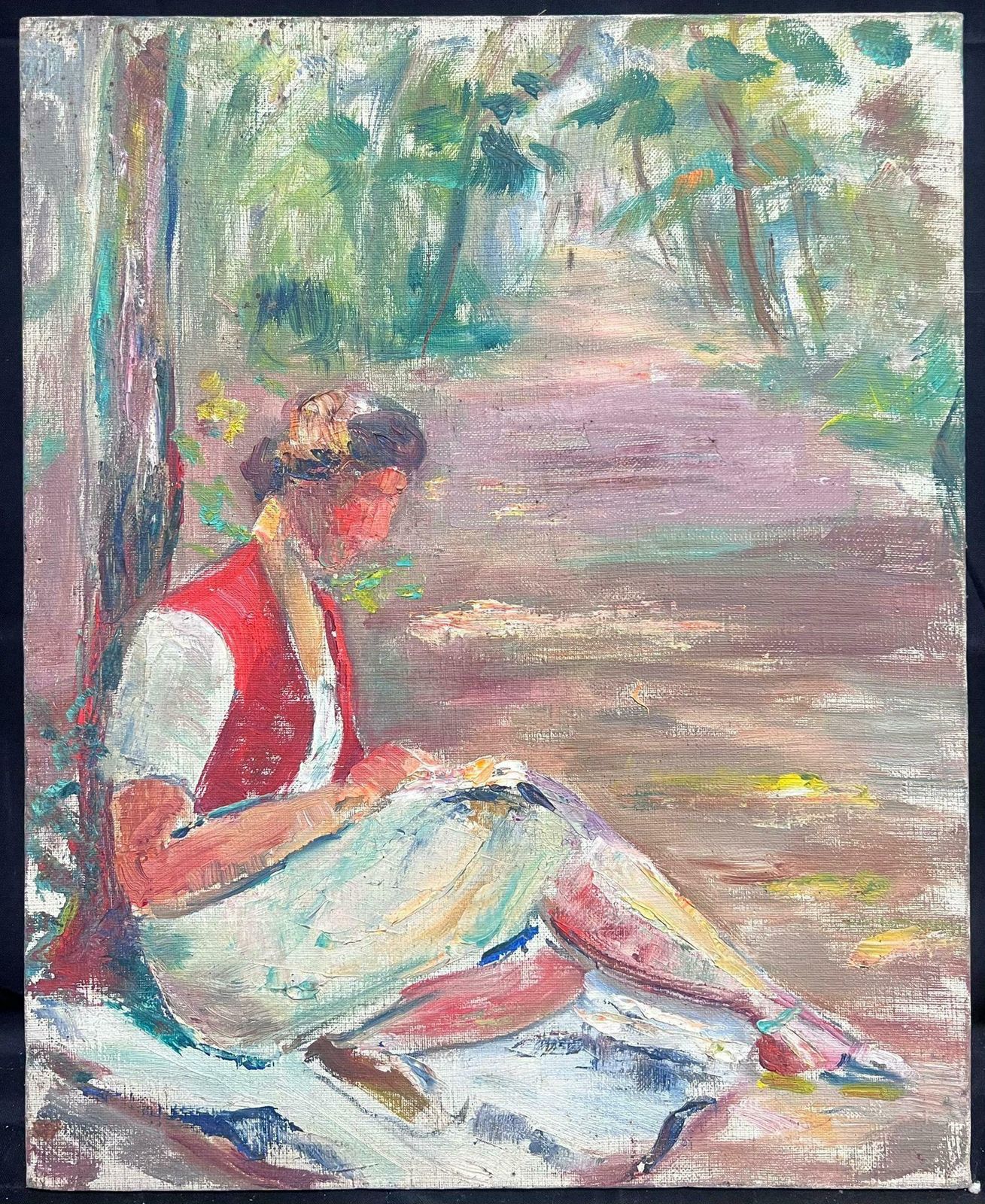 Regine Davidmid 20th Century 1950's French Post Impressionist Oil Girl Reading In Woods1950's photo furniture