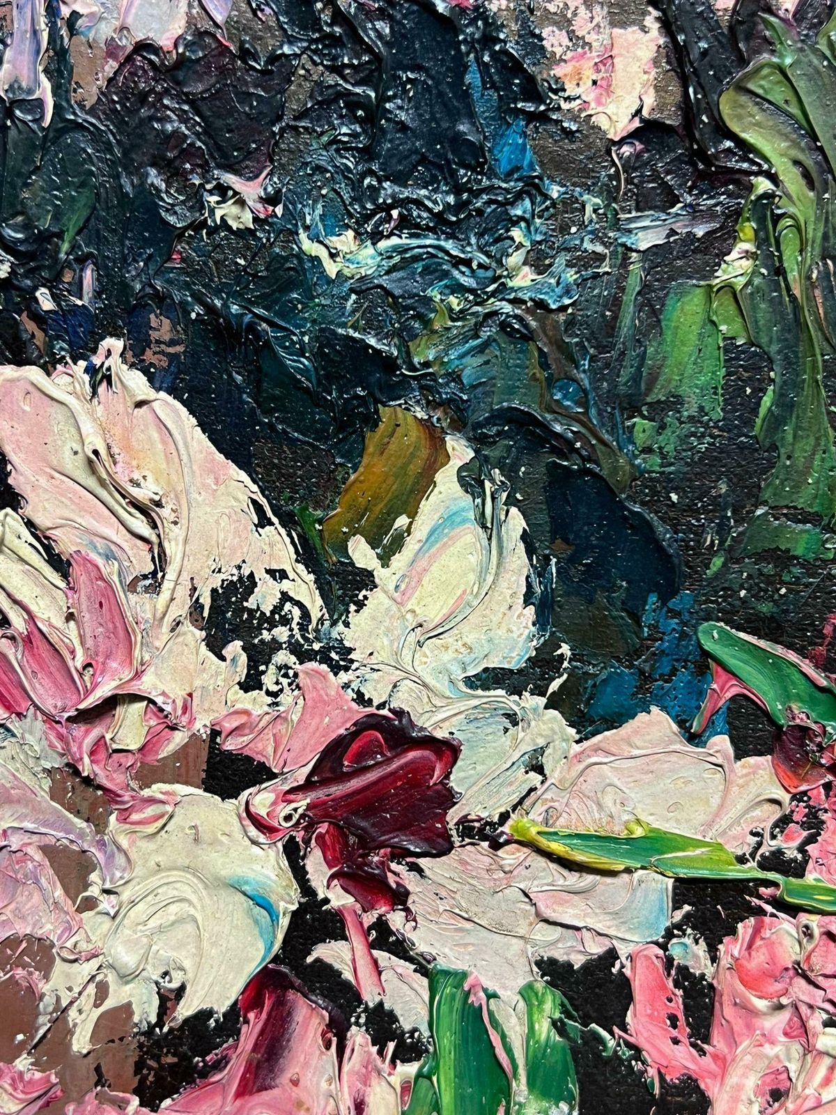 French School1940's French Post Impressionist Signed Oil Very Thick Impasto Pink Flowers 1945 photo furniture