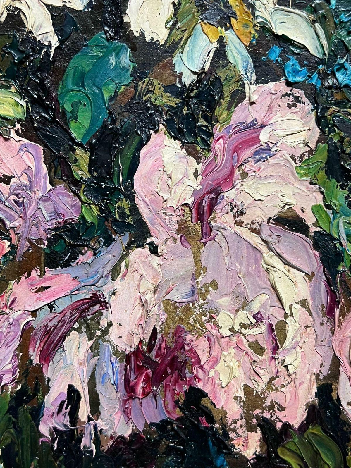 Art French School1940's French Post Impressionist Signed Oil Very Thick Impasto Pink Flowers 1945 photo