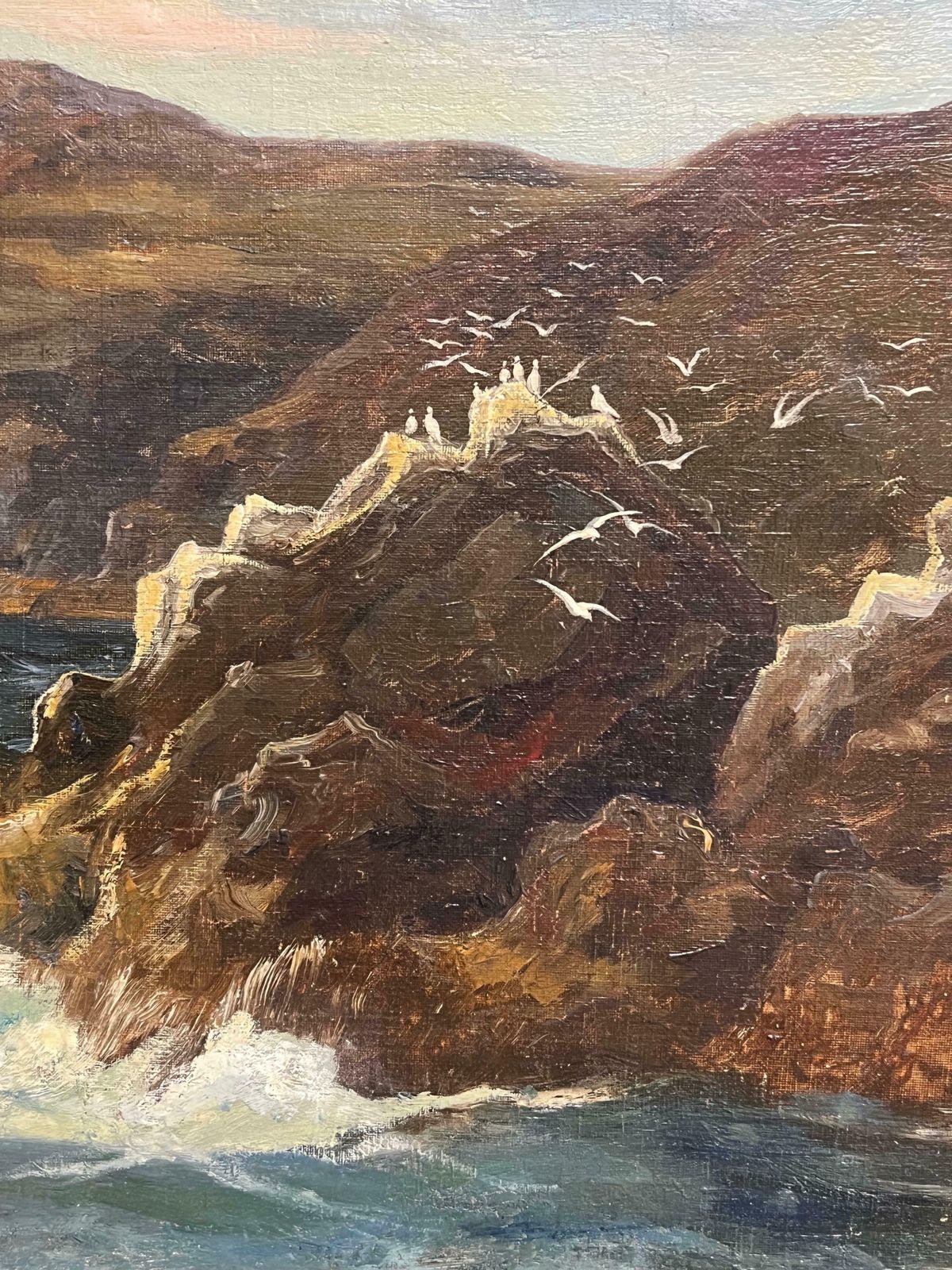 photo for sale French Schoolmajestic Coastal Cliffs With Seabirds And A Distant Sailboat A Captivating Sea20th Century