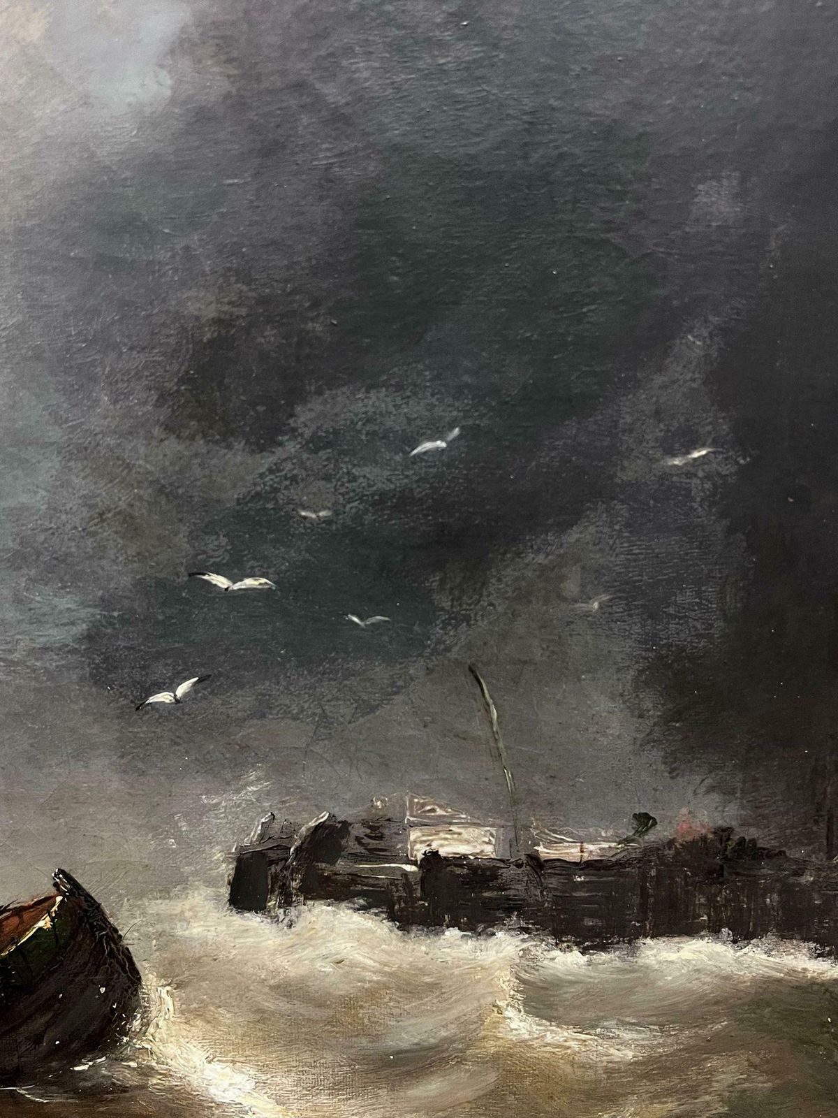 English Victorian Oil Antique 19th Century English Victorian Marine Oil Painting Boats Stormy Seas19th Century photo vinterior