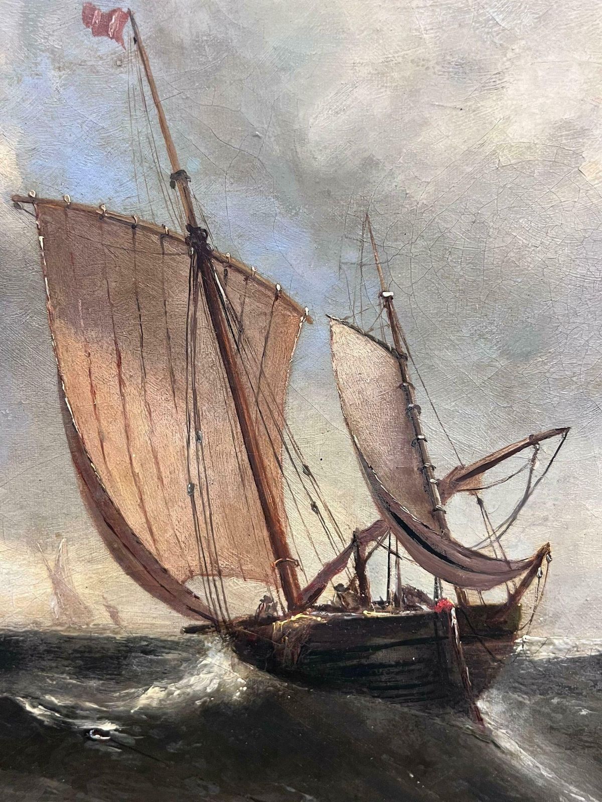 English Victorian Oil Antique 19th Century English Victorian Marine Oil Painting Boats Stormy Seas19th Century photo vintage