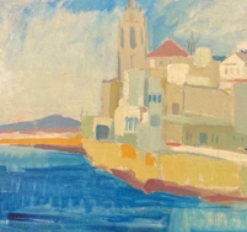 Elisabeth Hahn20th Century Signed German Modernist Oil Painting Mediterranean Coastal Town 20th Century photo for sale