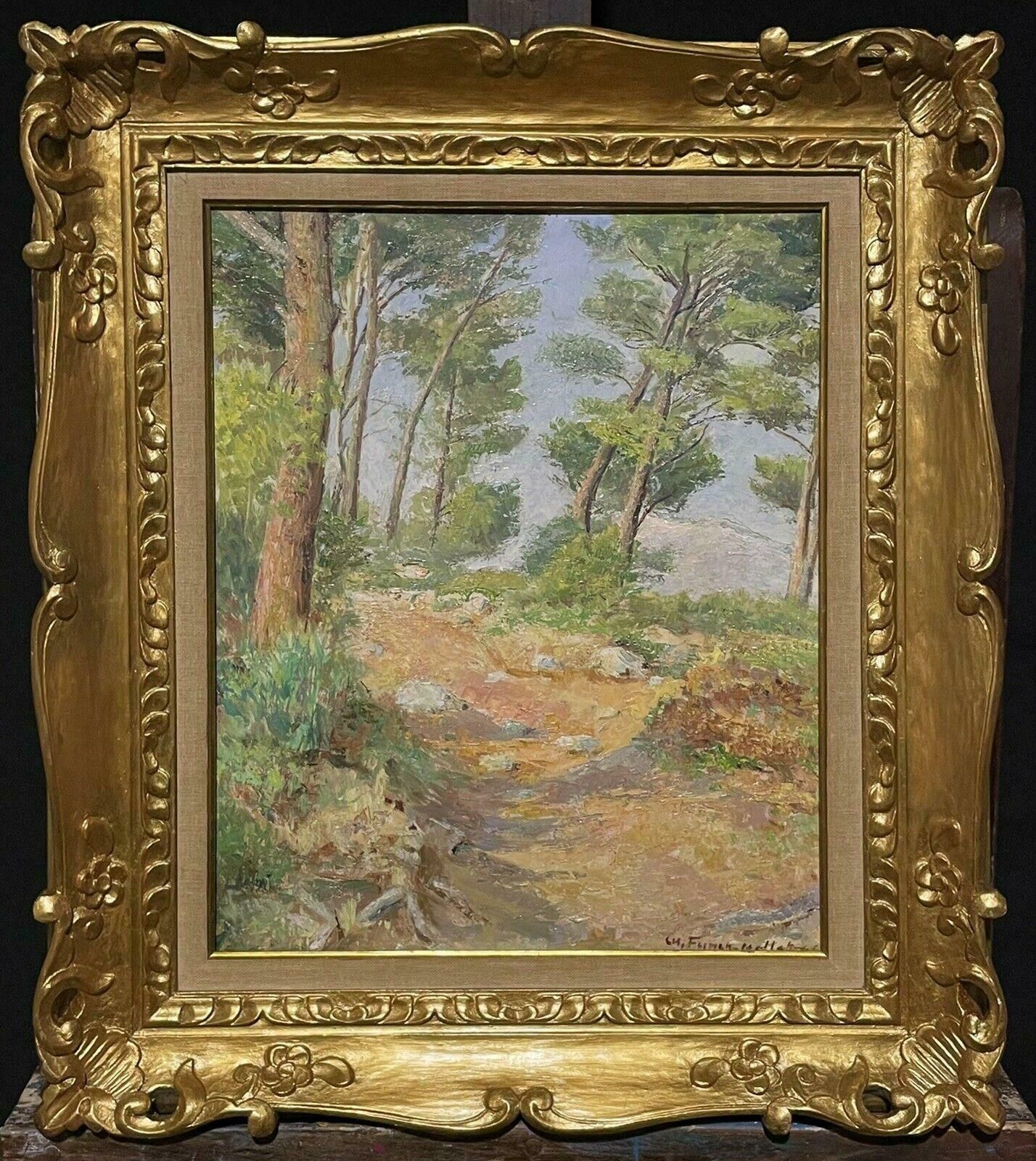 Unknownfrench Impressionist Signed Oil Painting Cote D'azur Coastal Pathway With Trees