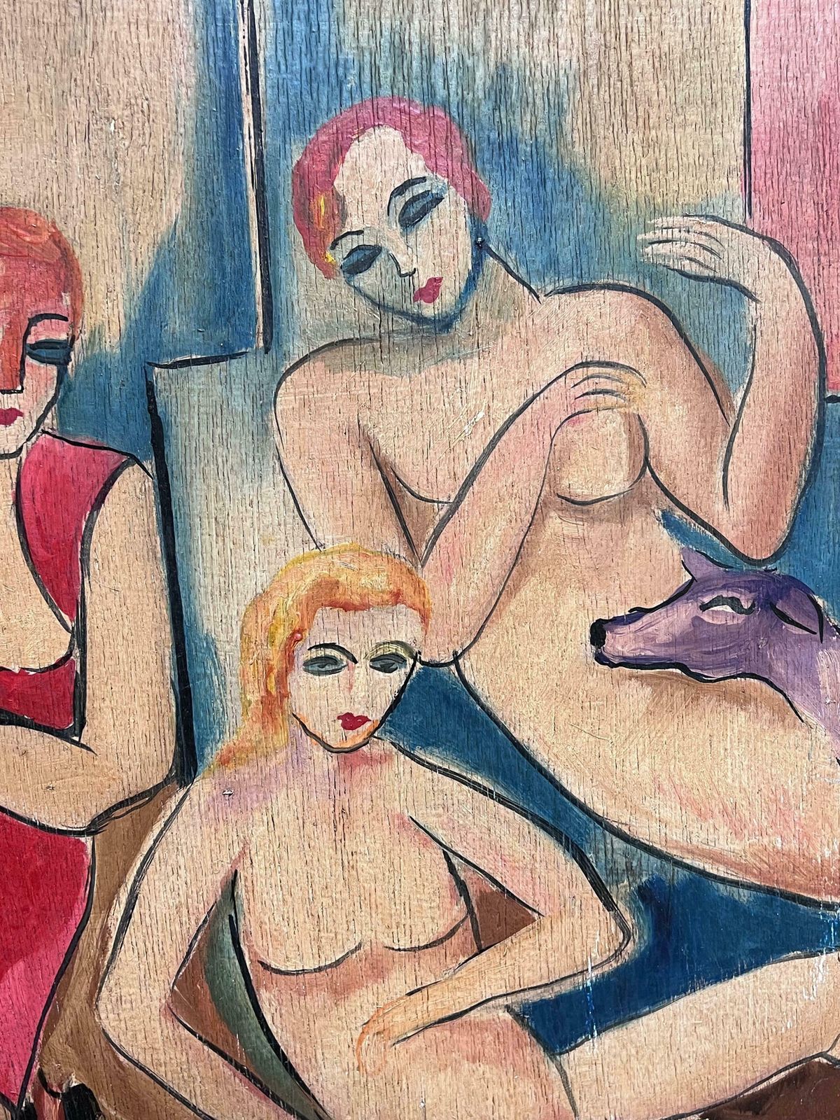 Fauvist Schoolmid 20th Century European Fauvist Signed Oil Nude Figure Group Portrait & Dogmid 20th Century photo Art