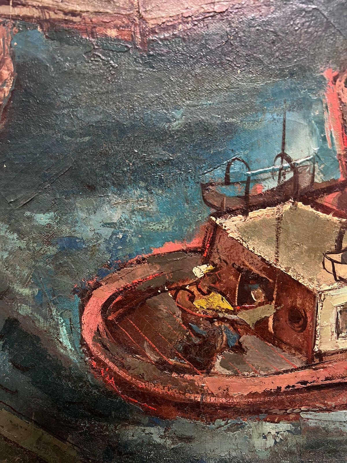 John Chapman Lewis (1920 1994)fishing Boat In New York Harbor 1948 Original Signed Oil Painting Modernist1948 photo vintage