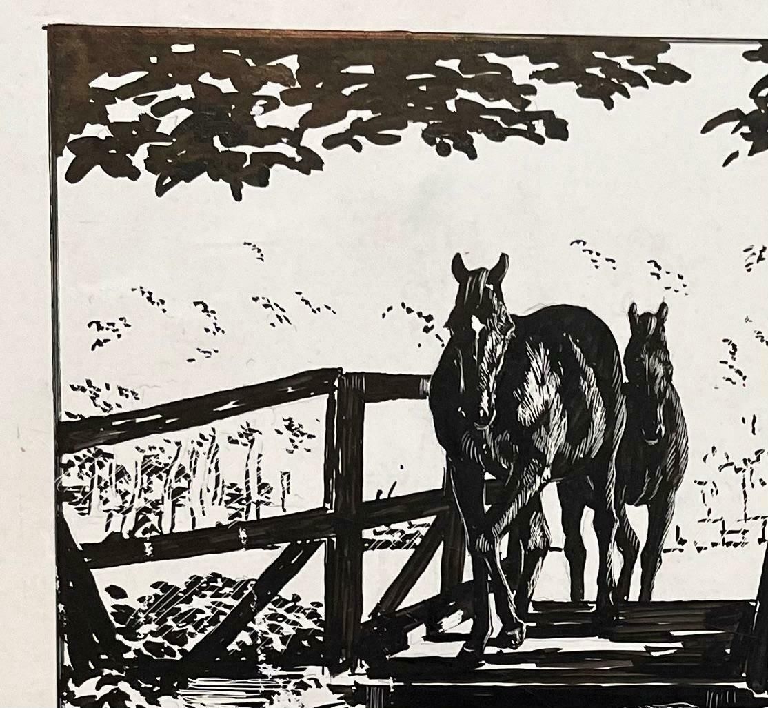 Robert Ladouoriginal French Study Of Children Watching Horses Cross A Bridge20th Century photo for sale