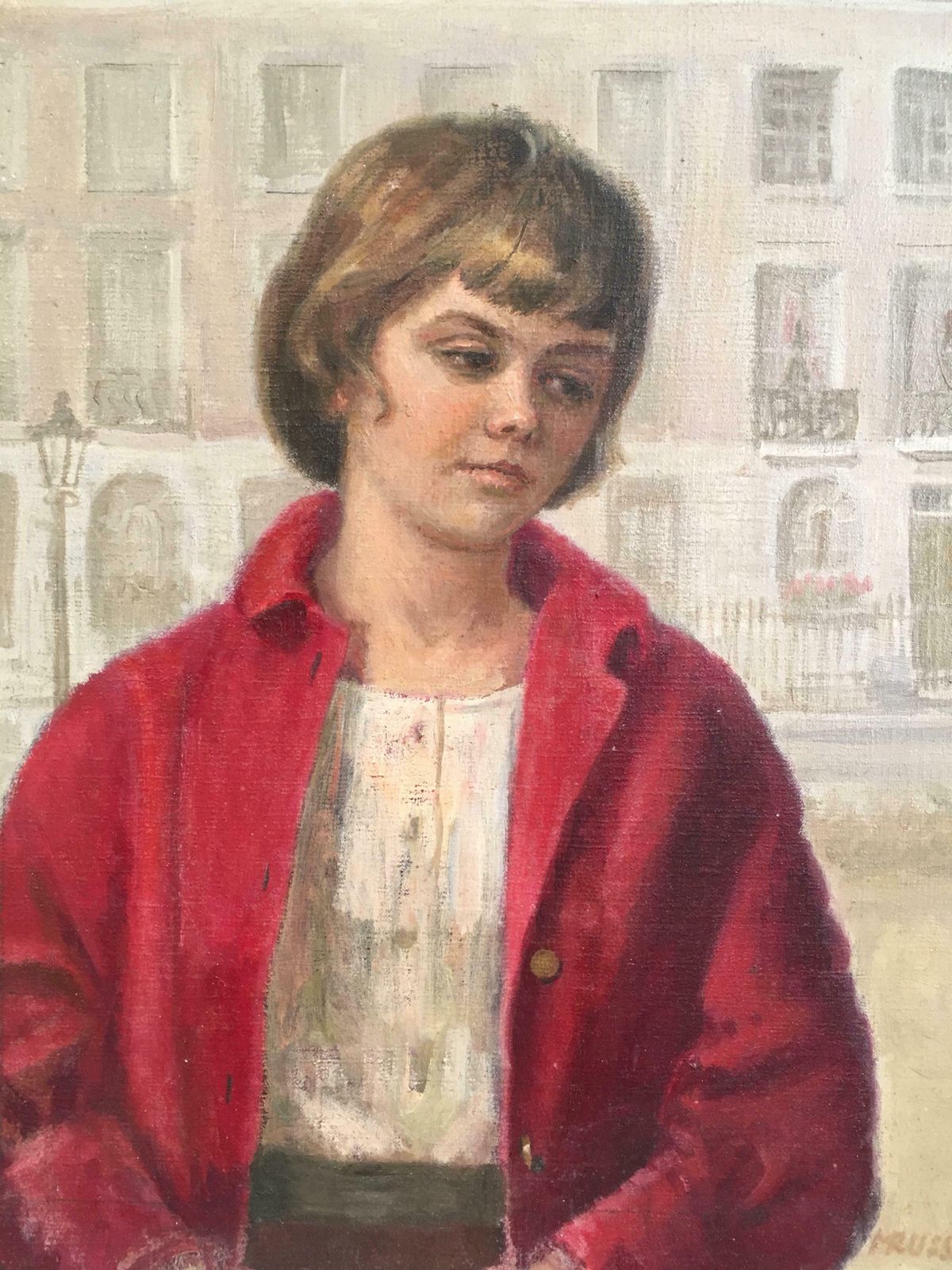 Unknowngirl In Red, Impressionist Portrait, Oil Painting, Signed C.1950s