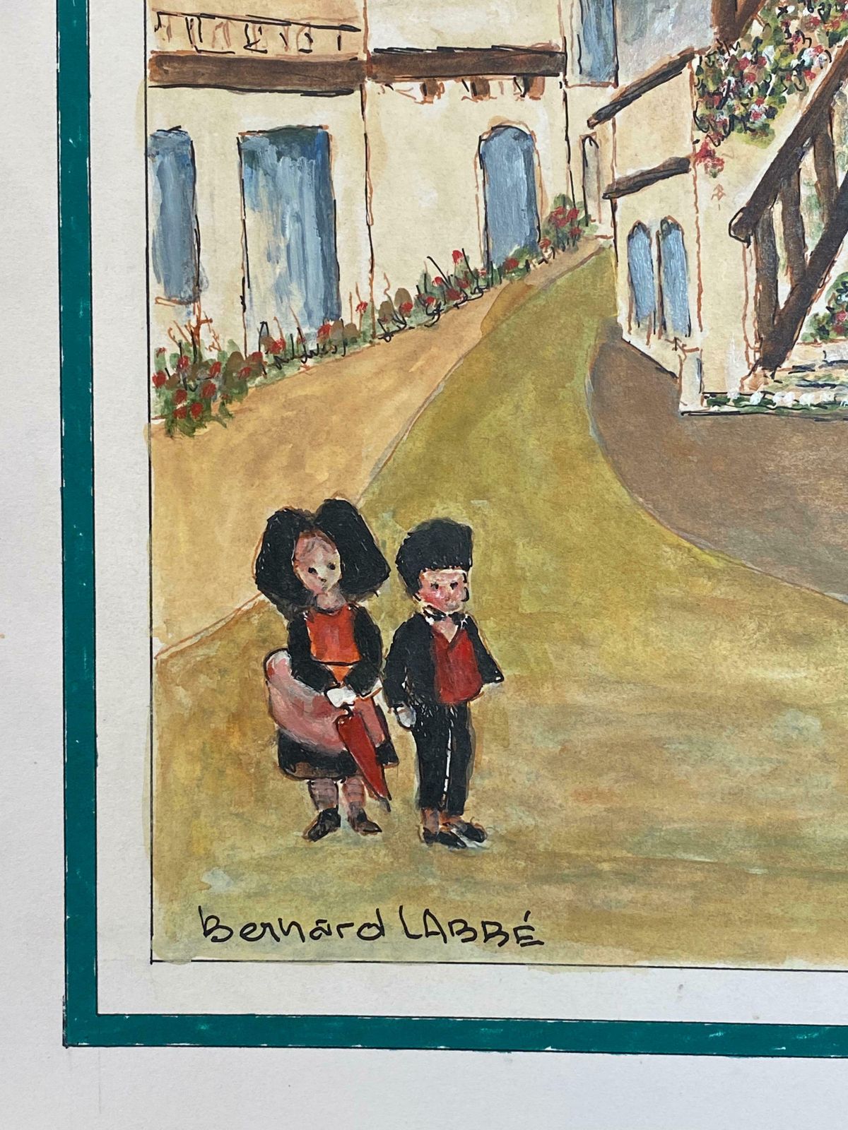 Bernard Labbe1950's French Modernist/ Cubist Painting  Beautiful French Town With Two Figures1950's photo Art