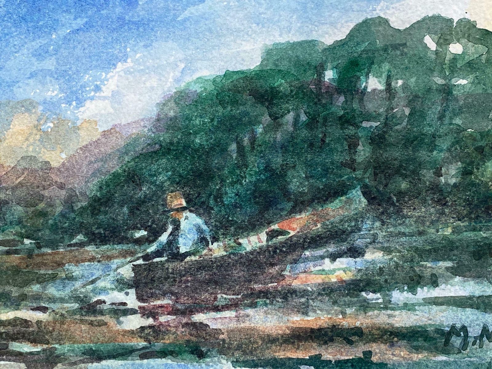Maurice Mazeiliefrench Impressionist Signed Watercolour   Fisherman In Tranquil Lake