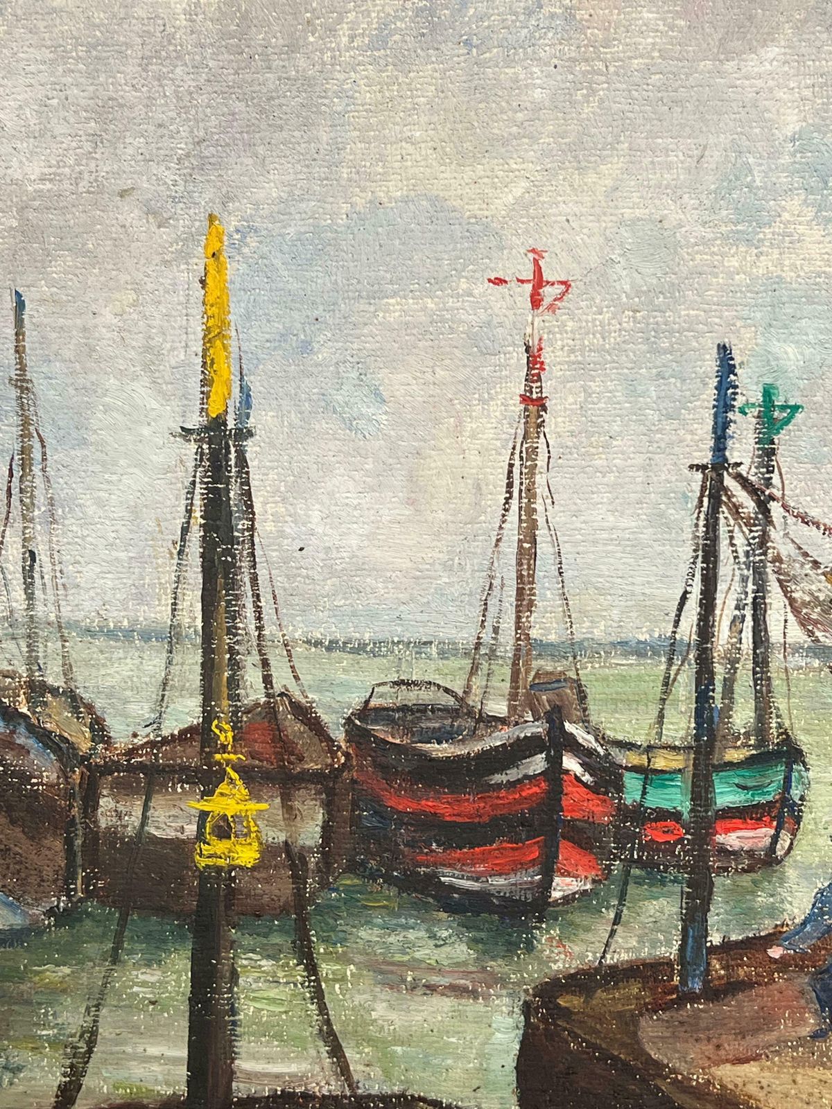 Simone Forgeharbor Scene With Fisherman And Colorful Boats Nets Raised Port étalpes France19th Century photo for sale