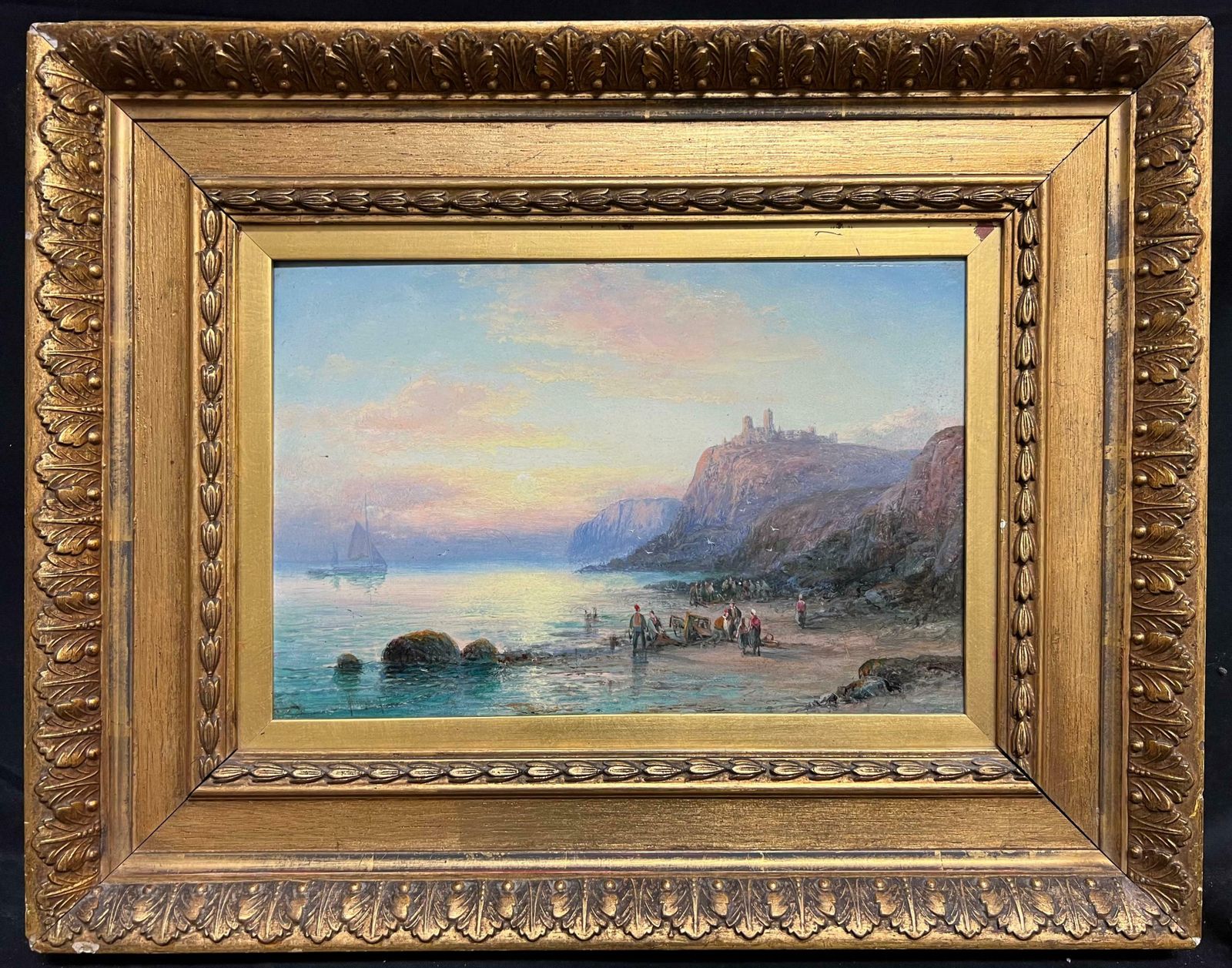 William Anslow Thornely (British, 1847 1907)antique British Marine Oil Painting Tantallon Castle Scotland Coastal Sunset19th Century