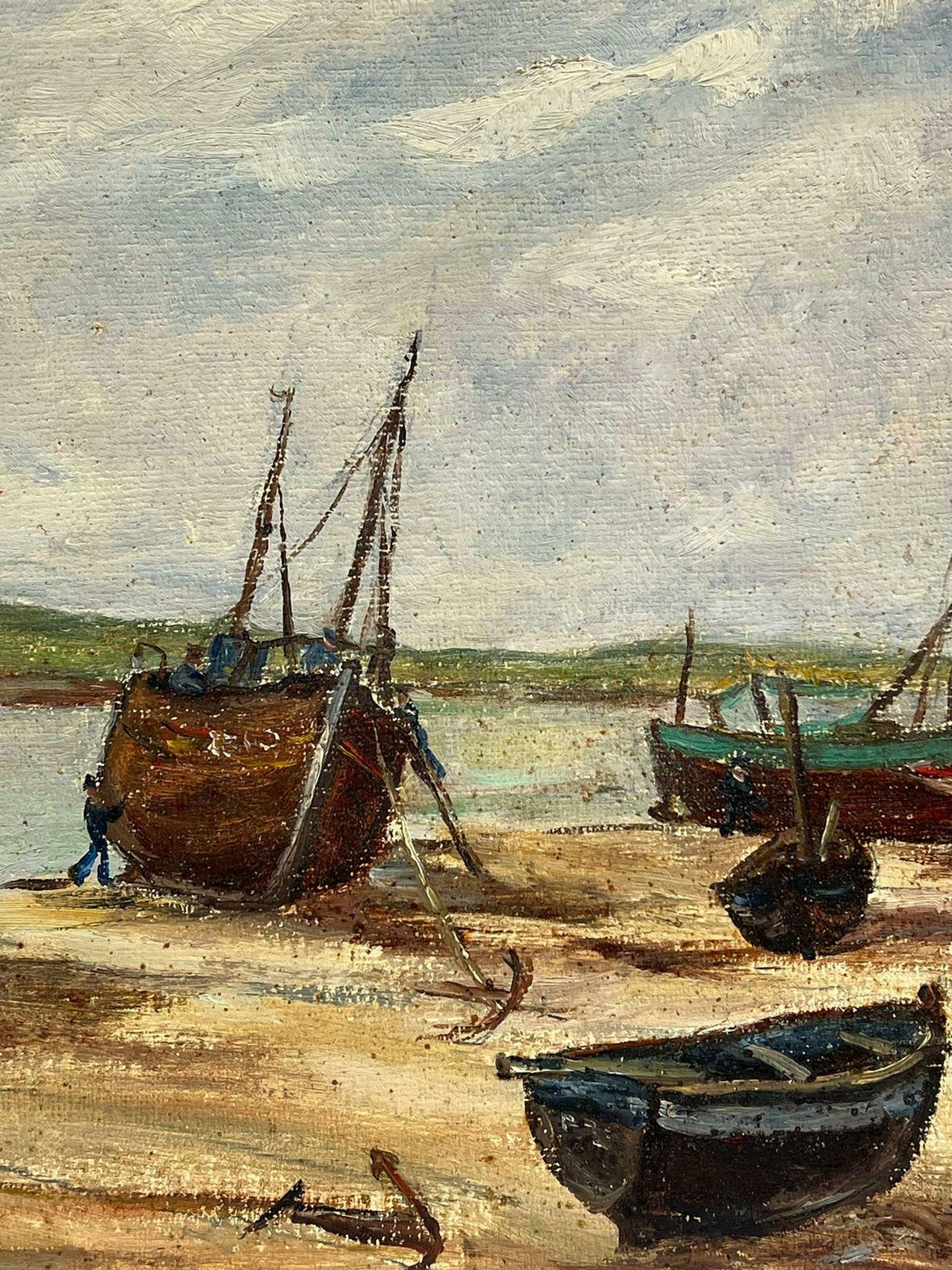 Simone Forge1950's French Impressionist Oil Fishing Boats Anchored Beach Estuary1950's photo for sale
