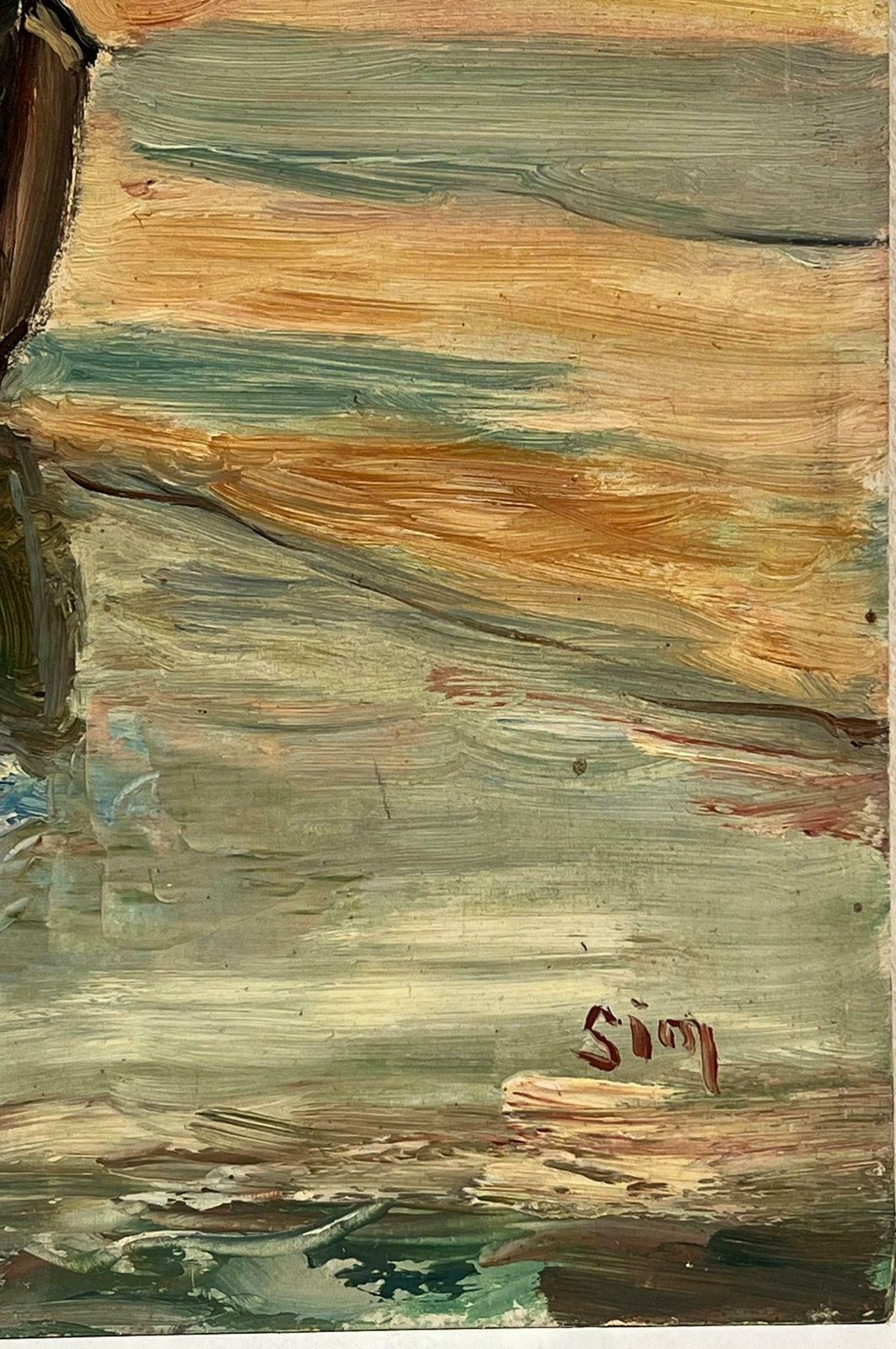 Simone Forge1930's French Impressionist Oil Fishing Boats Drying Nets Beached Estuary 1930s photo for sale