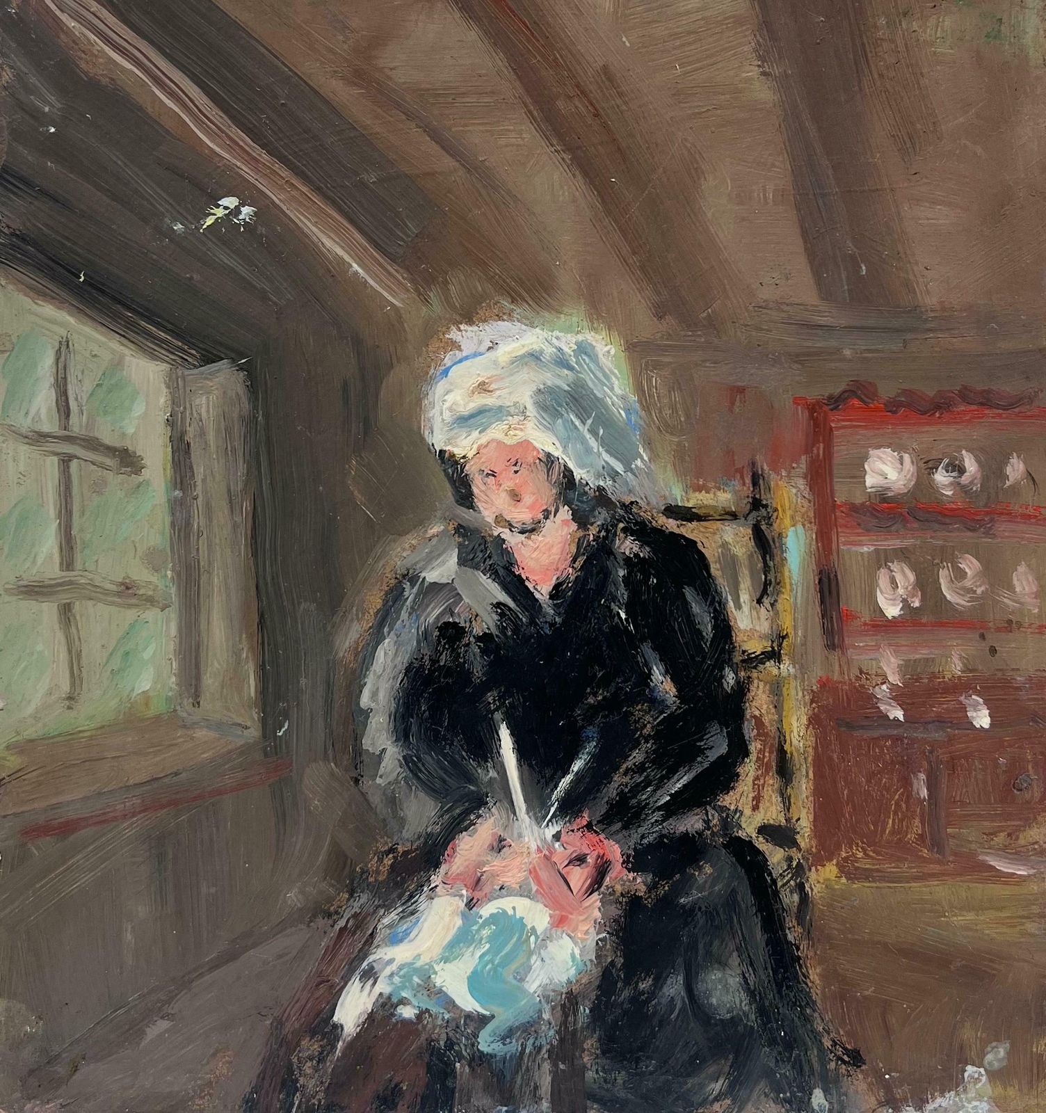 Fanch Lelwoman Knitting In A Rustic Cottage Interior Painting Original French Oil20th Century