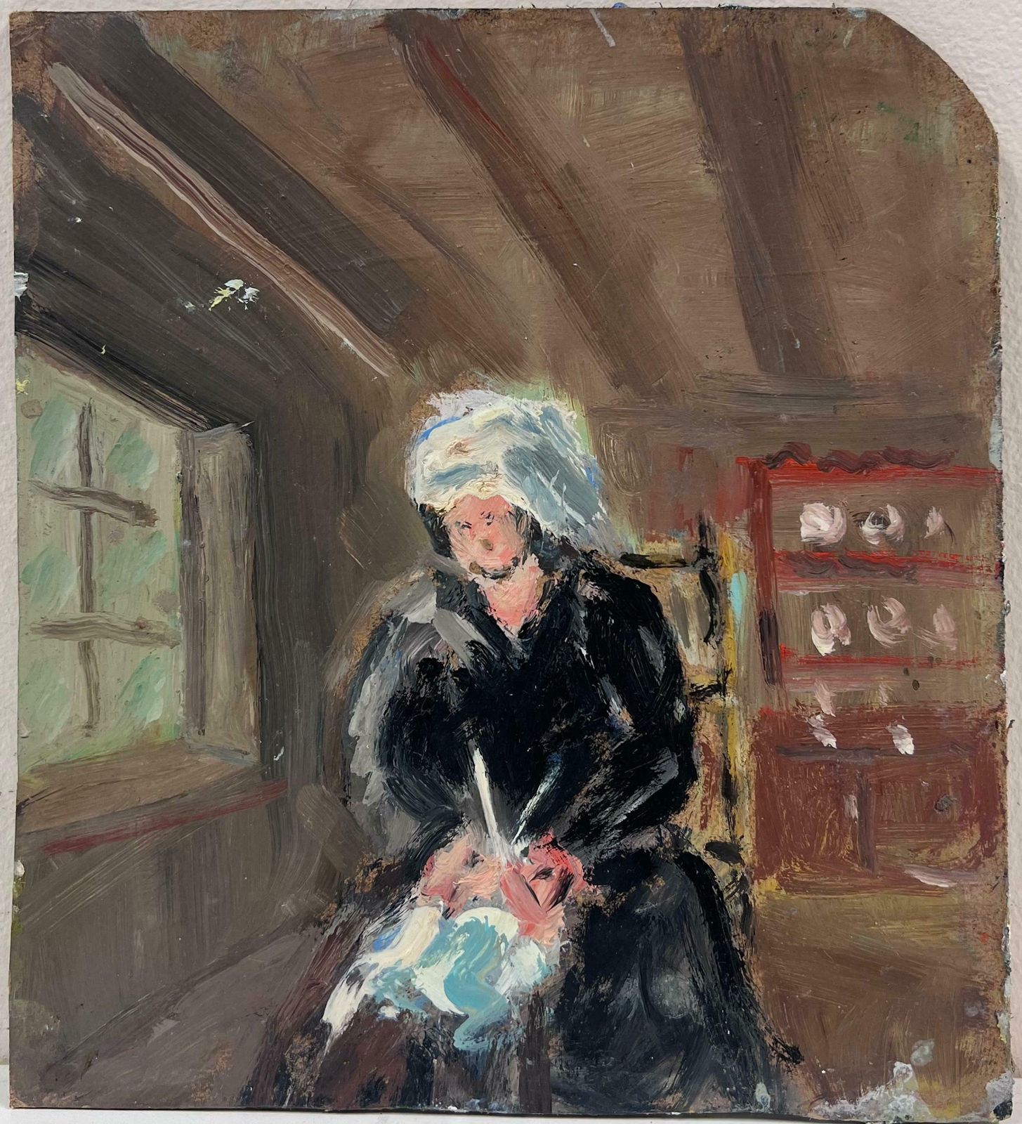 Fanch Lelwoman Knitting In A Rustic Cottage Interior Painting Original French Oil20th Century photo furniture