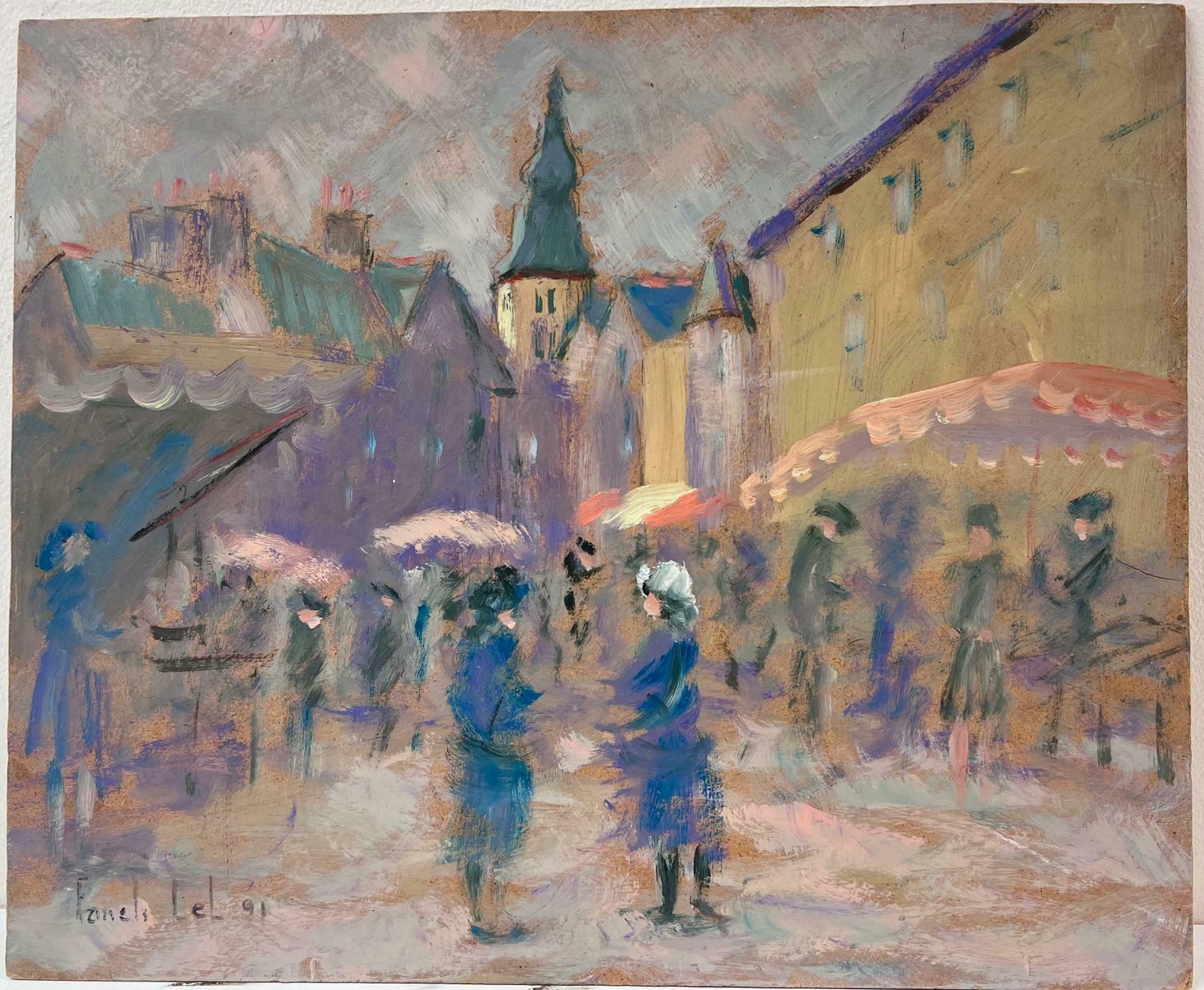 Fanch Lelfigures With Umbrellas Walking Through The Rainy Market Town French Oil20th Century photo furniture