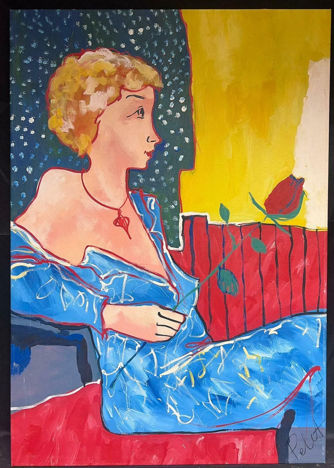 French Schoollarge 20th Century French Modernist Oil Painting Portrait Of Lady Holding Rose photo furniture