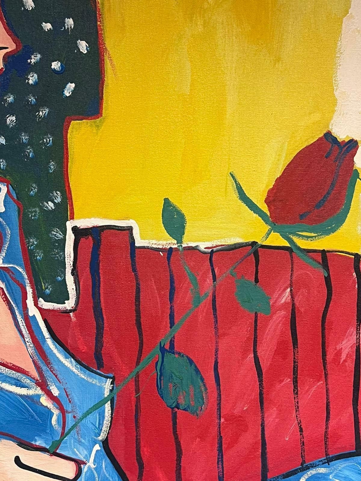 French Schoollarge 20th Century French Modernist Oil Painting Portrait Of Lady Holding Rose photo vinterior
