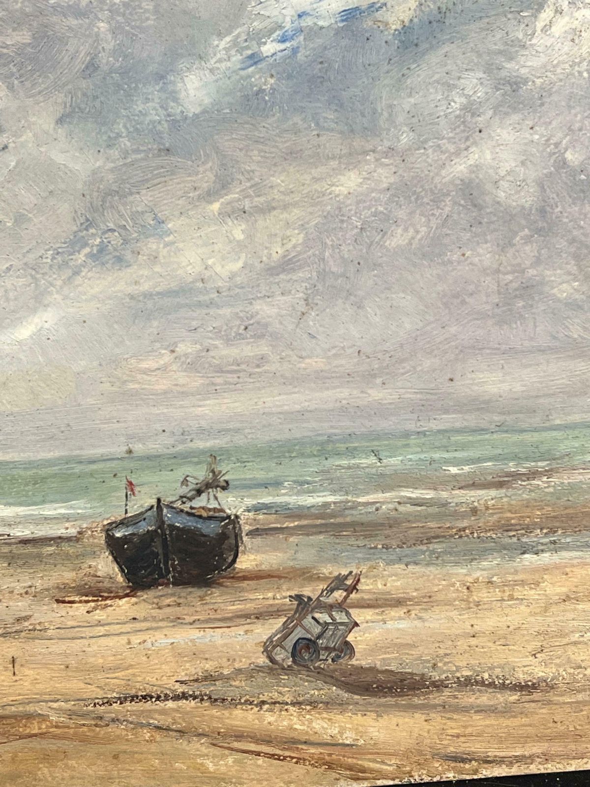 Simone Forgemid Century French Impressionist Oil Beached Boats Sandy Coastline Beach Sea photo for sale