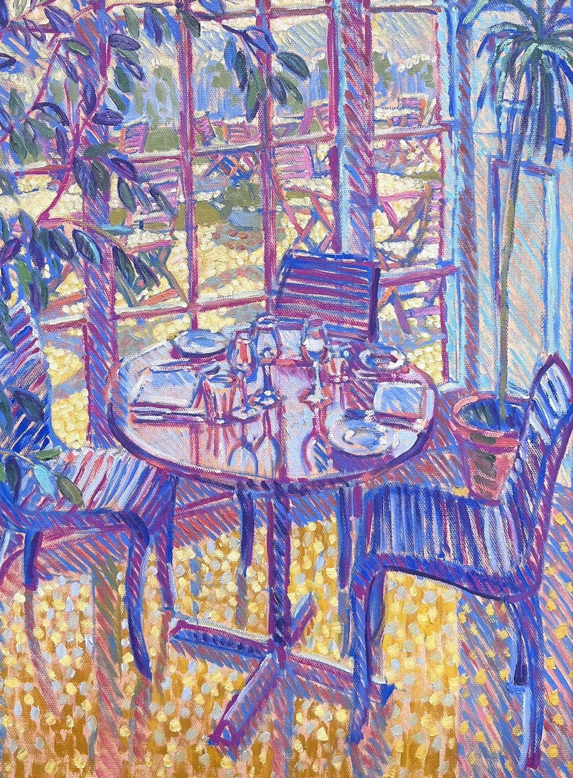 English Contemporaryluminous Purple Dining Table Sunlit Interior Oil Painting Framed Modern English