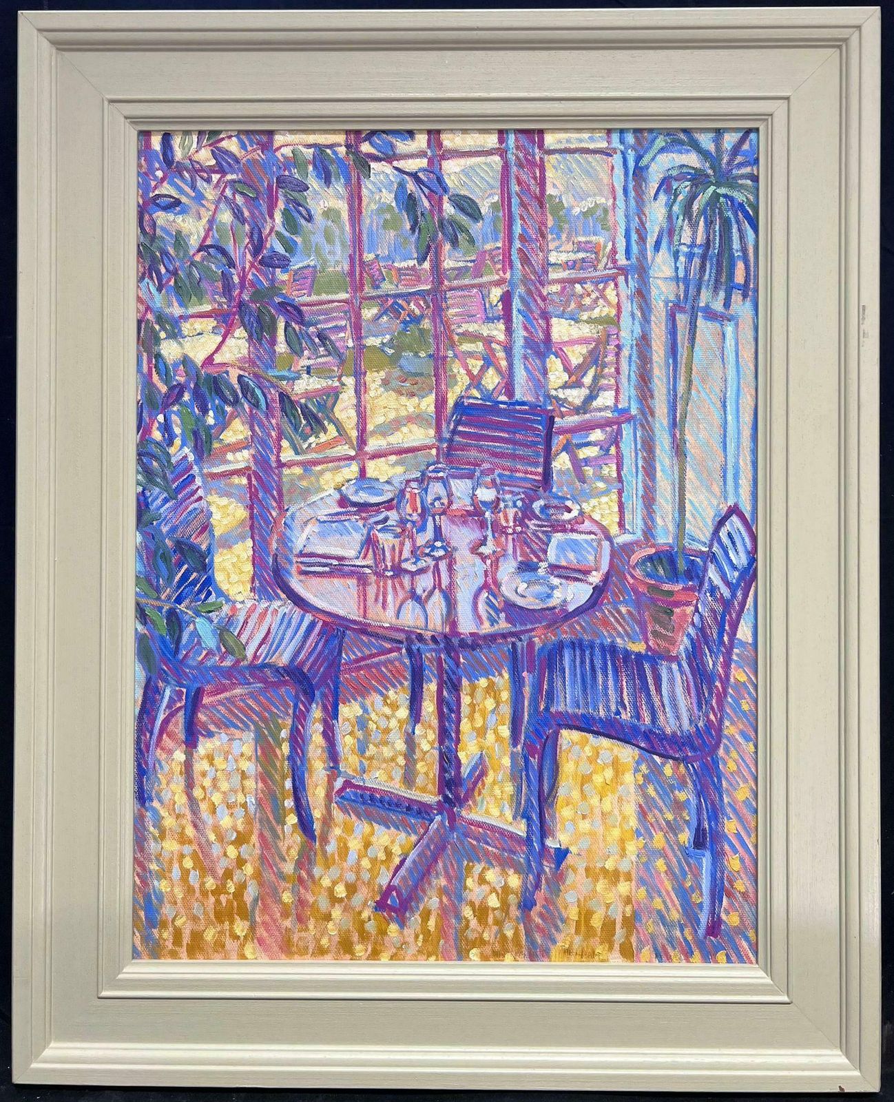 English Contemporaryluminous Purple Dining Table Sunlit Interior Oil Painting Framed Modern English photo furniture