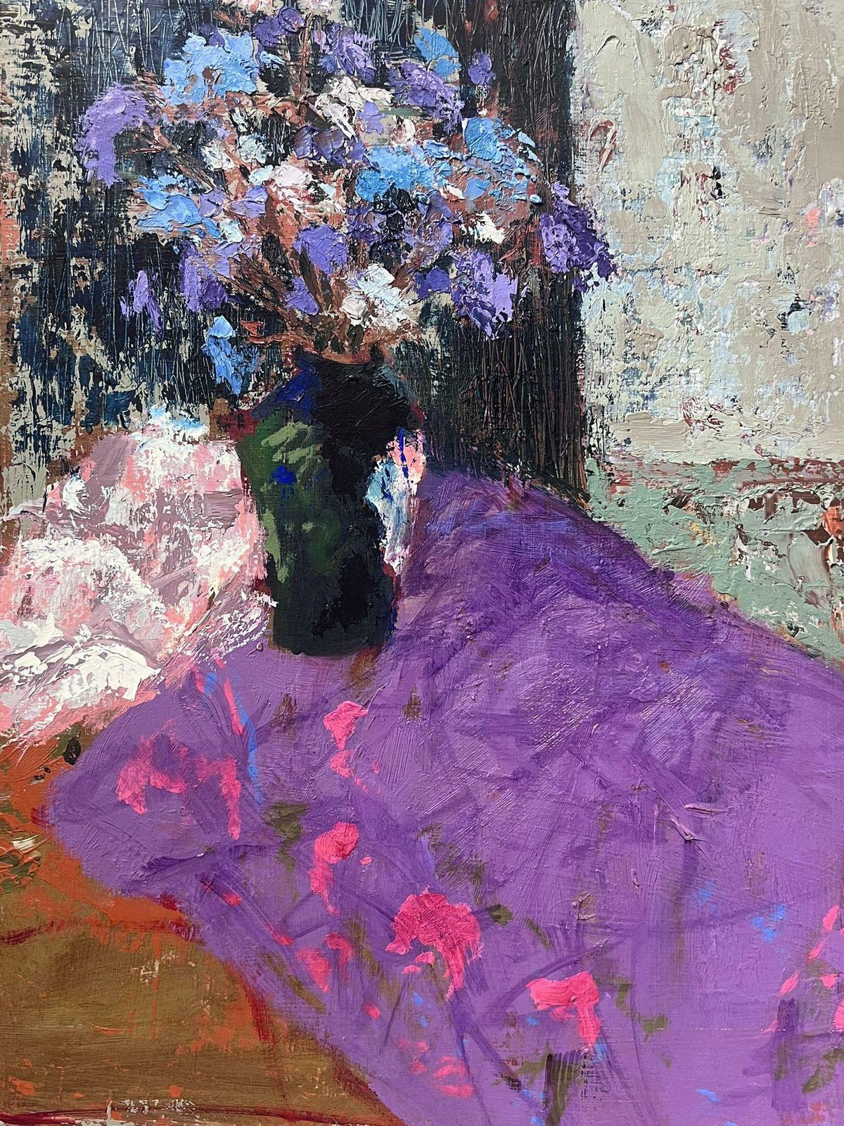 Helen Greenfieldblue Flowers On Purple Table 20th Century British Modernist Oil Painting
