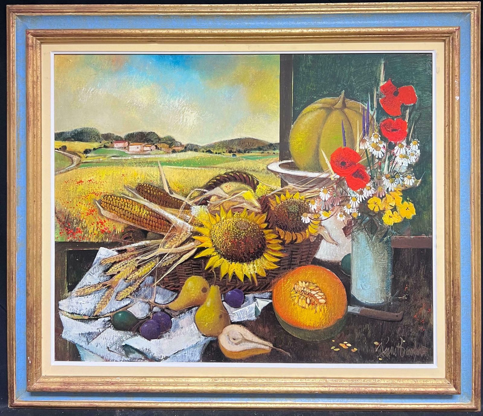 Robert Vernet Bonfortlarge French Modernist Signed Oil Painting Harvest Fruits & Flowers In Provence1987