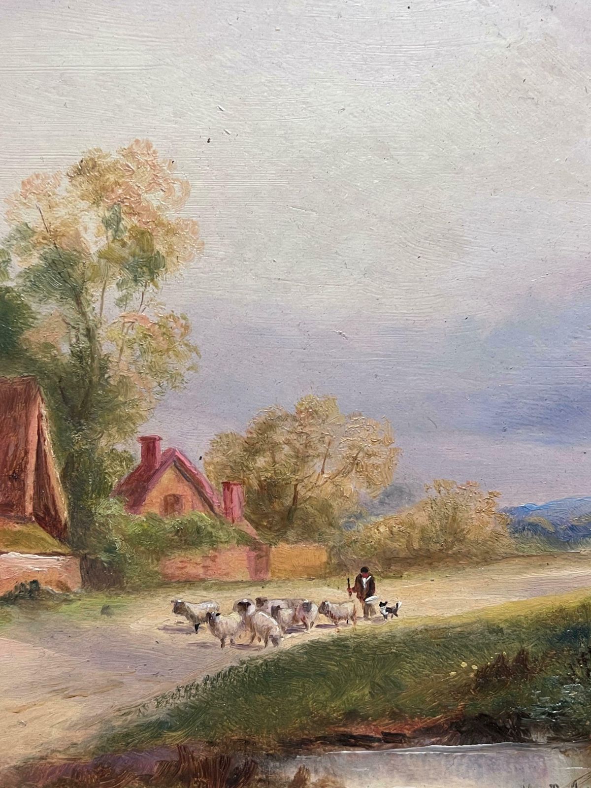 British Victorianantique English Signed Oil Painting Shepherd Leading Sheep Village Country Lane19th Century photo Art