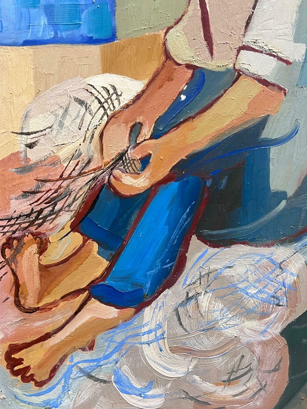 French 1960'sfisherfolk Tending Nets Marseille Harbor 1960's French Signed Modernist Oil 1966 photo buy