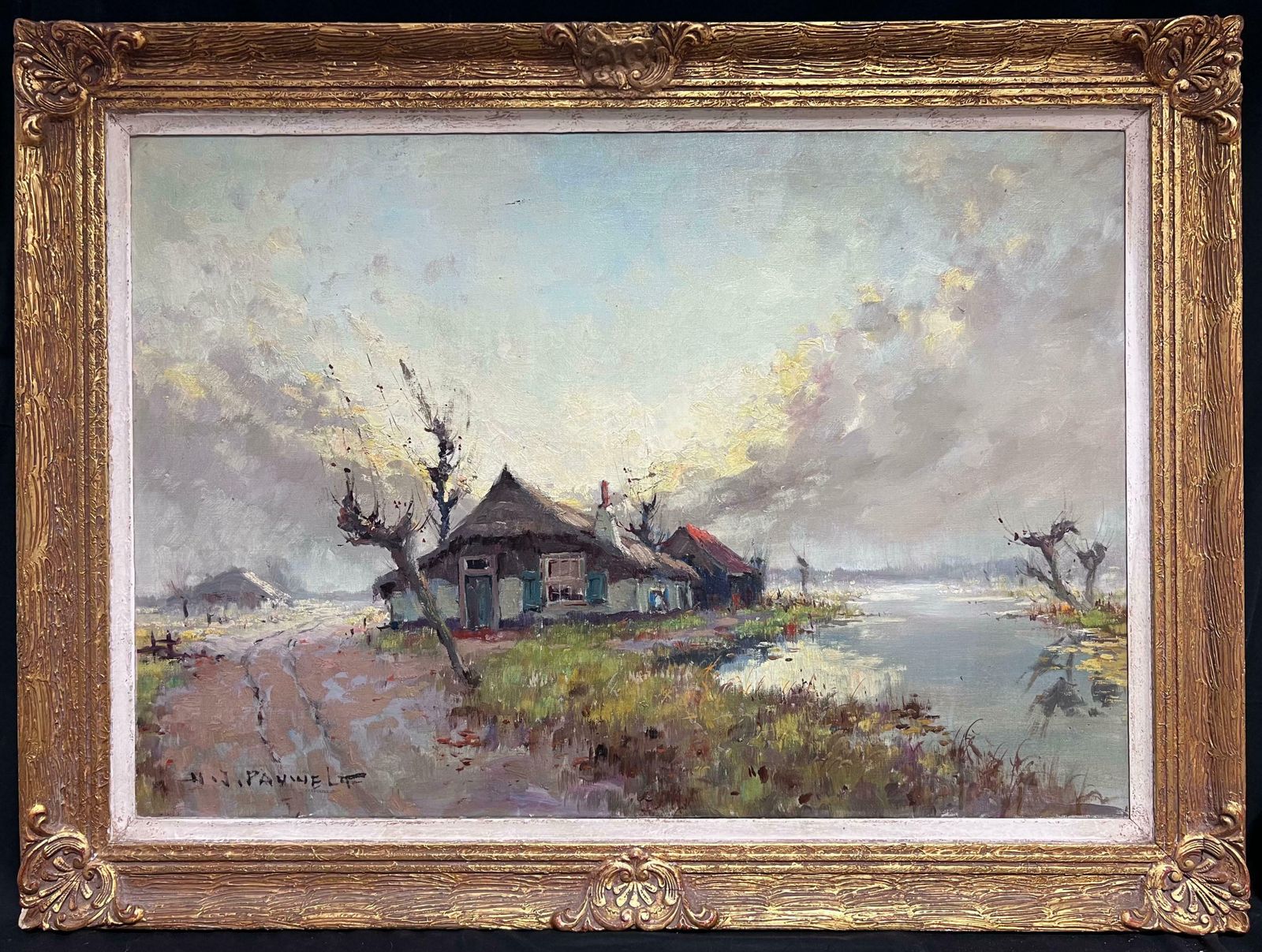 Henri Joseph Pauwelshuge Belgian Impressionist Signed Oil Painting Windswept River Cottage Landscape