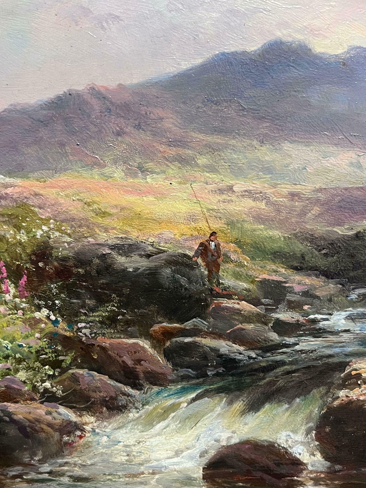 George Henry Jenkins (British, 1843 1914)antique British Oil Painting Fisherman Highland Stream At Sunset, Framed Oil 19th Century photo Art