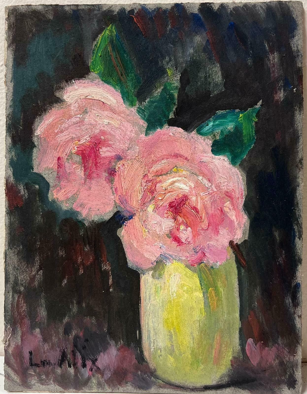 Louise Alixpink Roses In Green Vase 1940's French Impressionist Signed Oil Painting1940's photo furniture