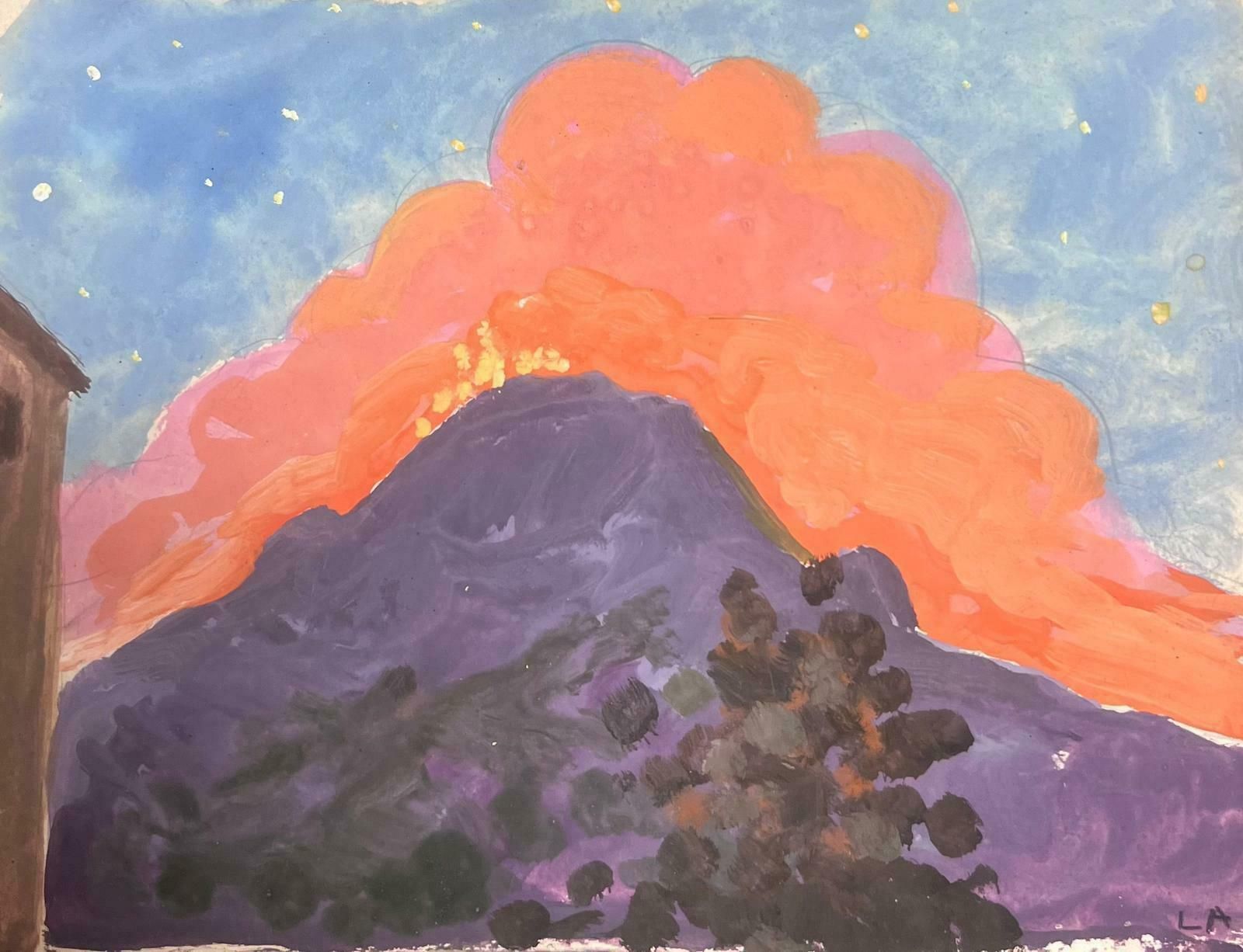 Louise Alix1930's Watercolour Painting French Purple And Orange Mountain Landscape 1940's