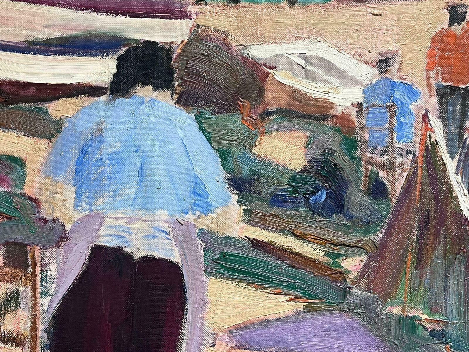 Spanish Artisthuge Spanish Modernist Oil Painting Fisherfolk Drying Nets On The Shore Signed photo vinterior