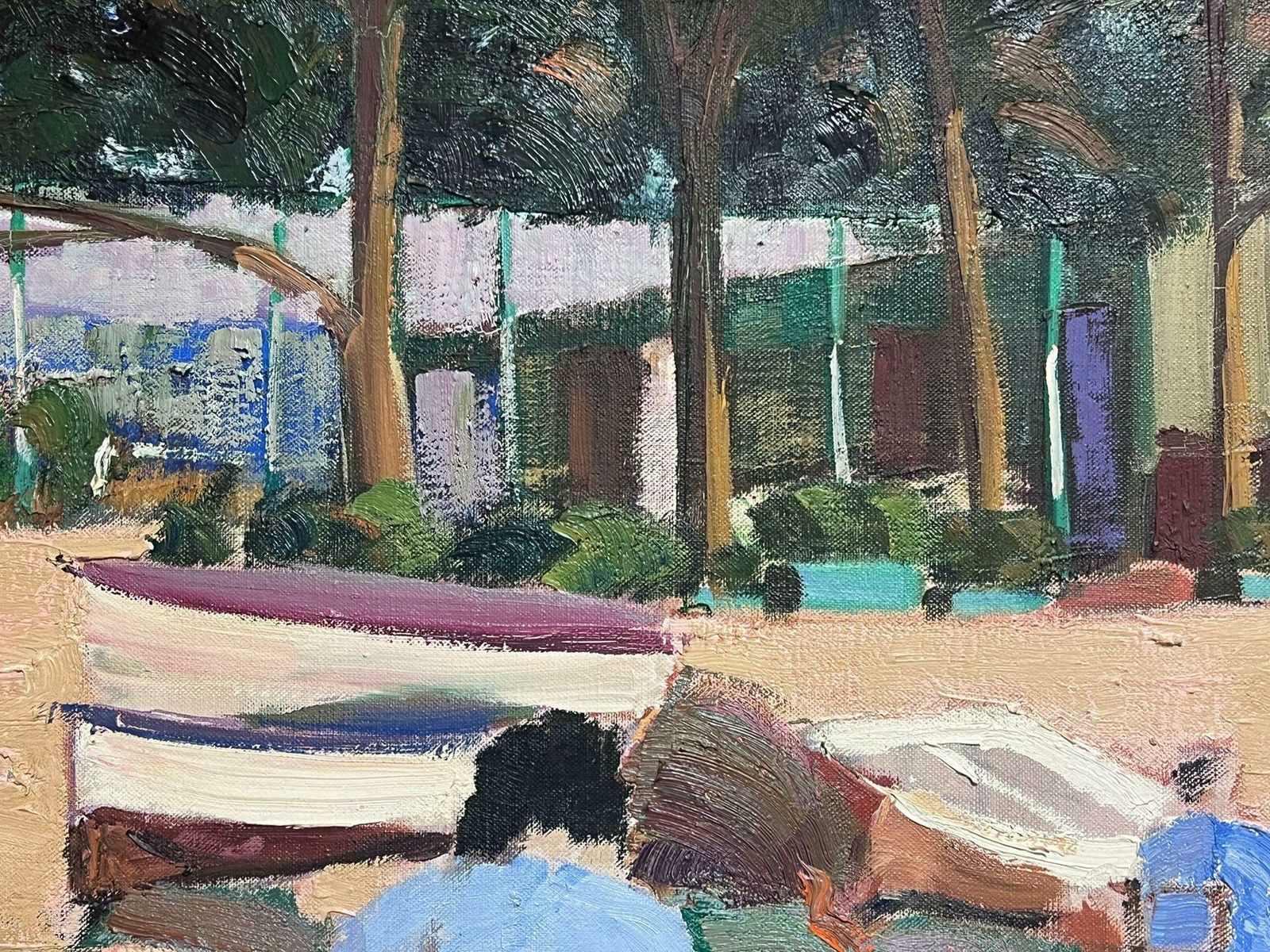 Spanish Artisthuge Spanish Modernist Oil Painting Fisherfolk Drying Nets On The Shore Signed photo vintage