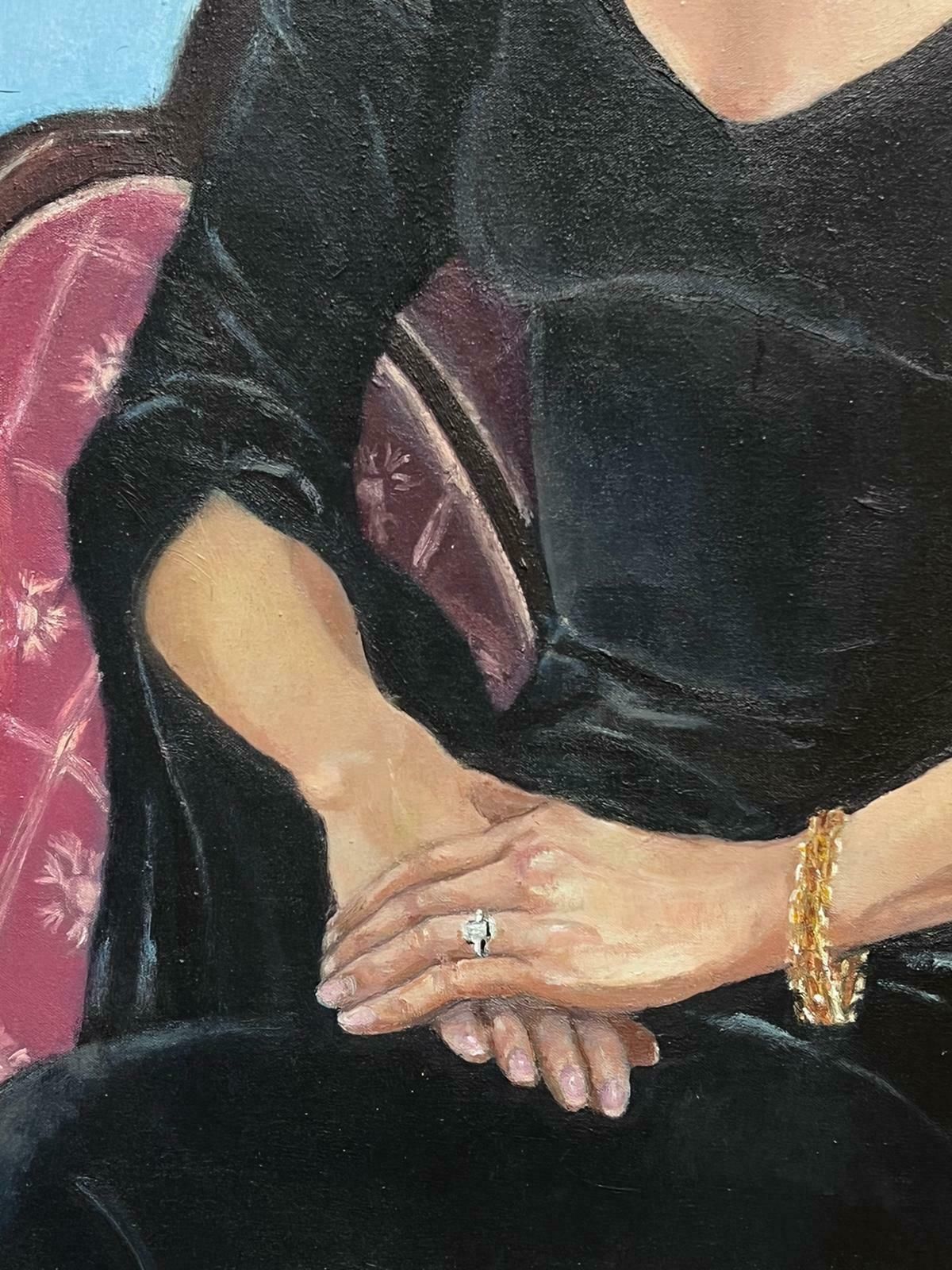 20th Century British Schoollarge 1970's British Oil Painting Portrait Of Seated Lady Black Dress Pearl Neck photo for sale