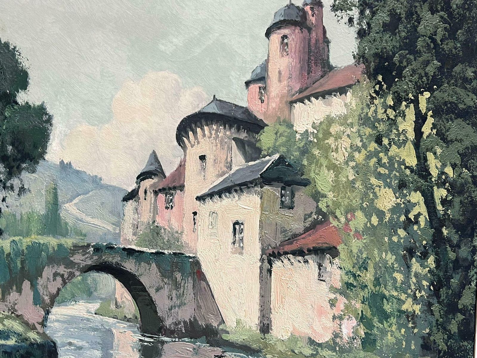 Félix Raoul Eteve French, 1902 1967 Old Chateau Castle Next To Bridge Green Landscape Original French Oil Painting photo 1728.0