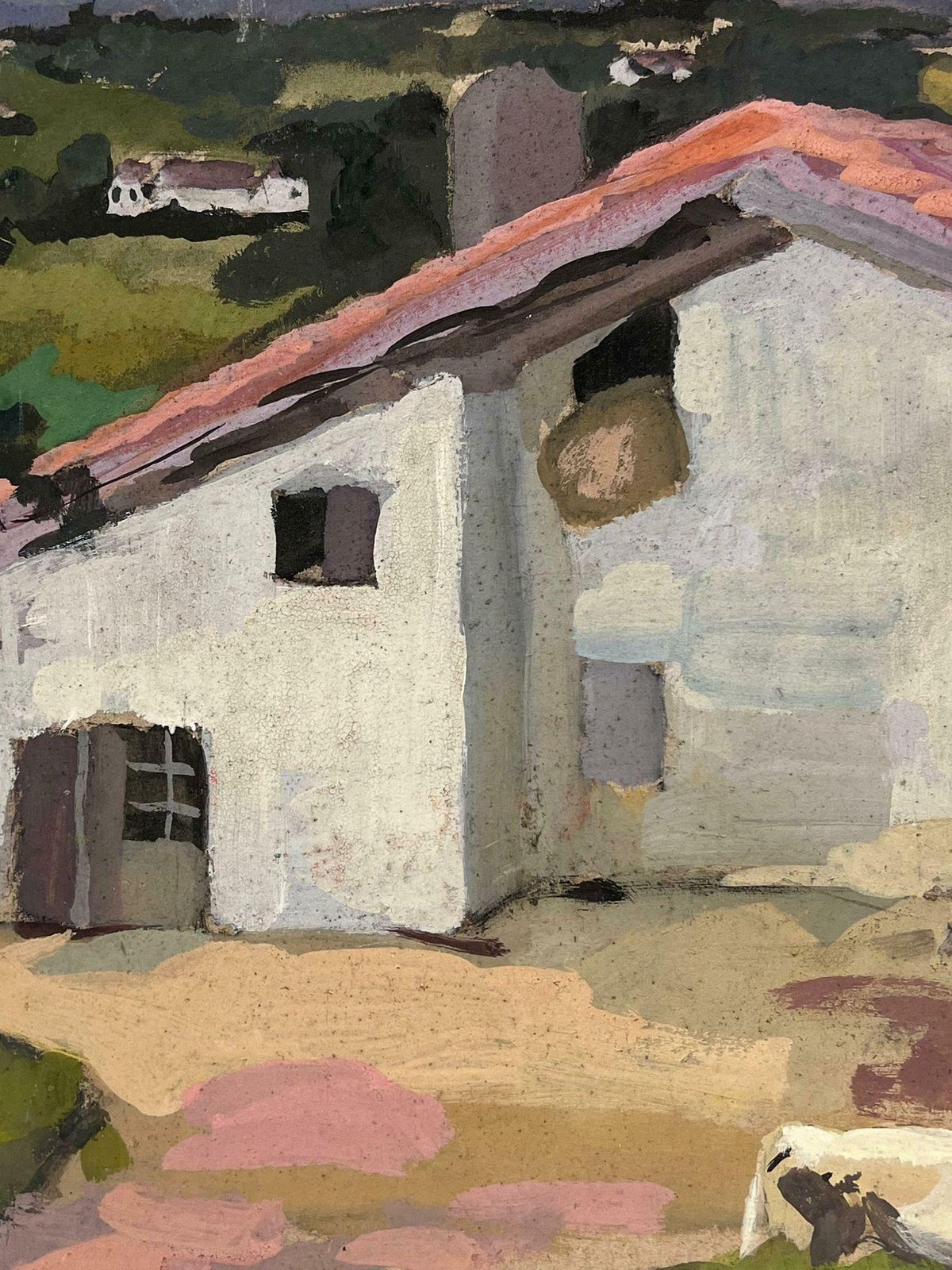Y. Blanchonred Roof Farm Barn Yard Gouache 1930's French Impressionist1930's photo furniture