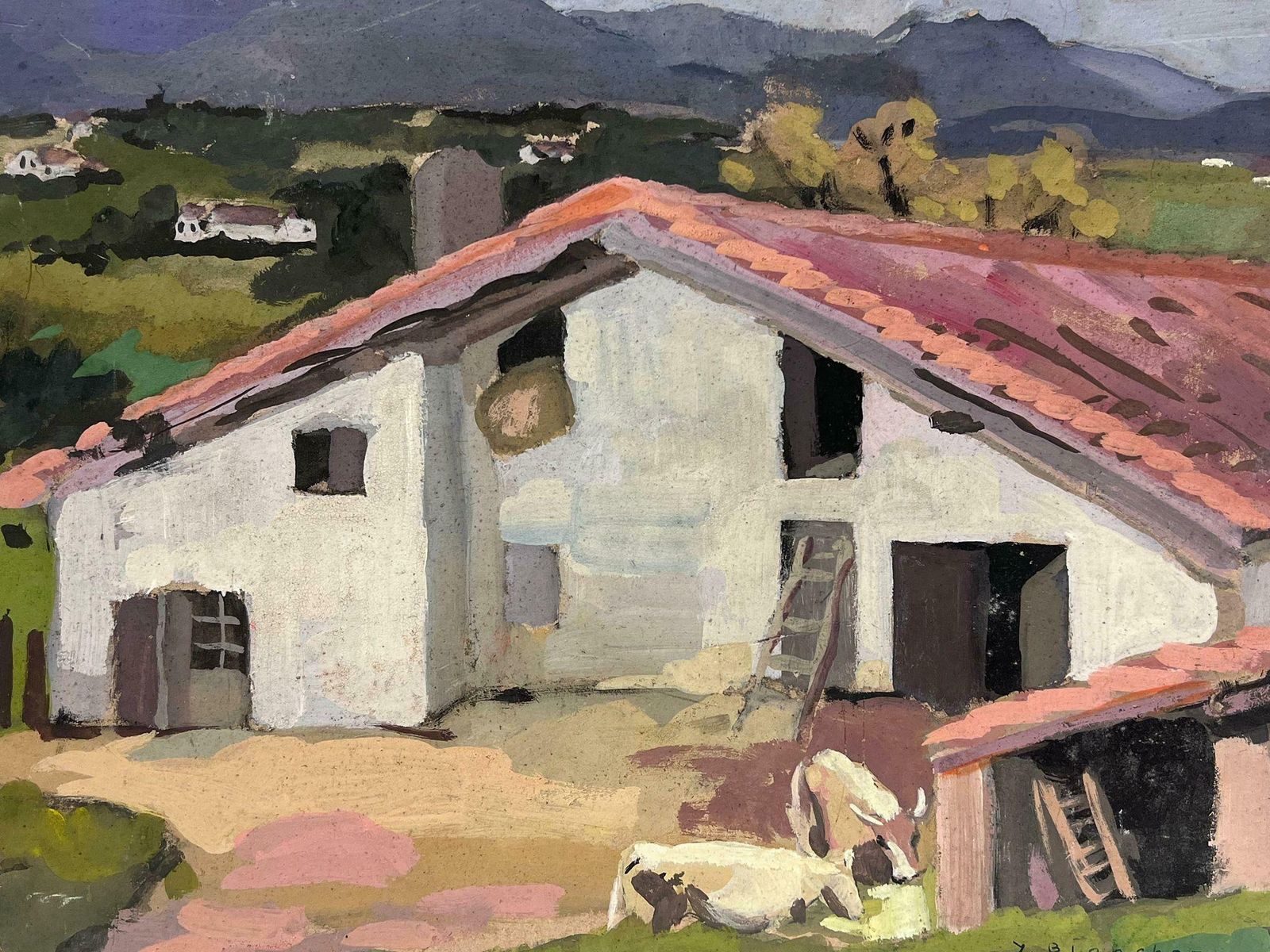 Y. Blanchonred Roof Farm Barn Yard Gouache 1930's French Impressionist1930's photo 3003.0