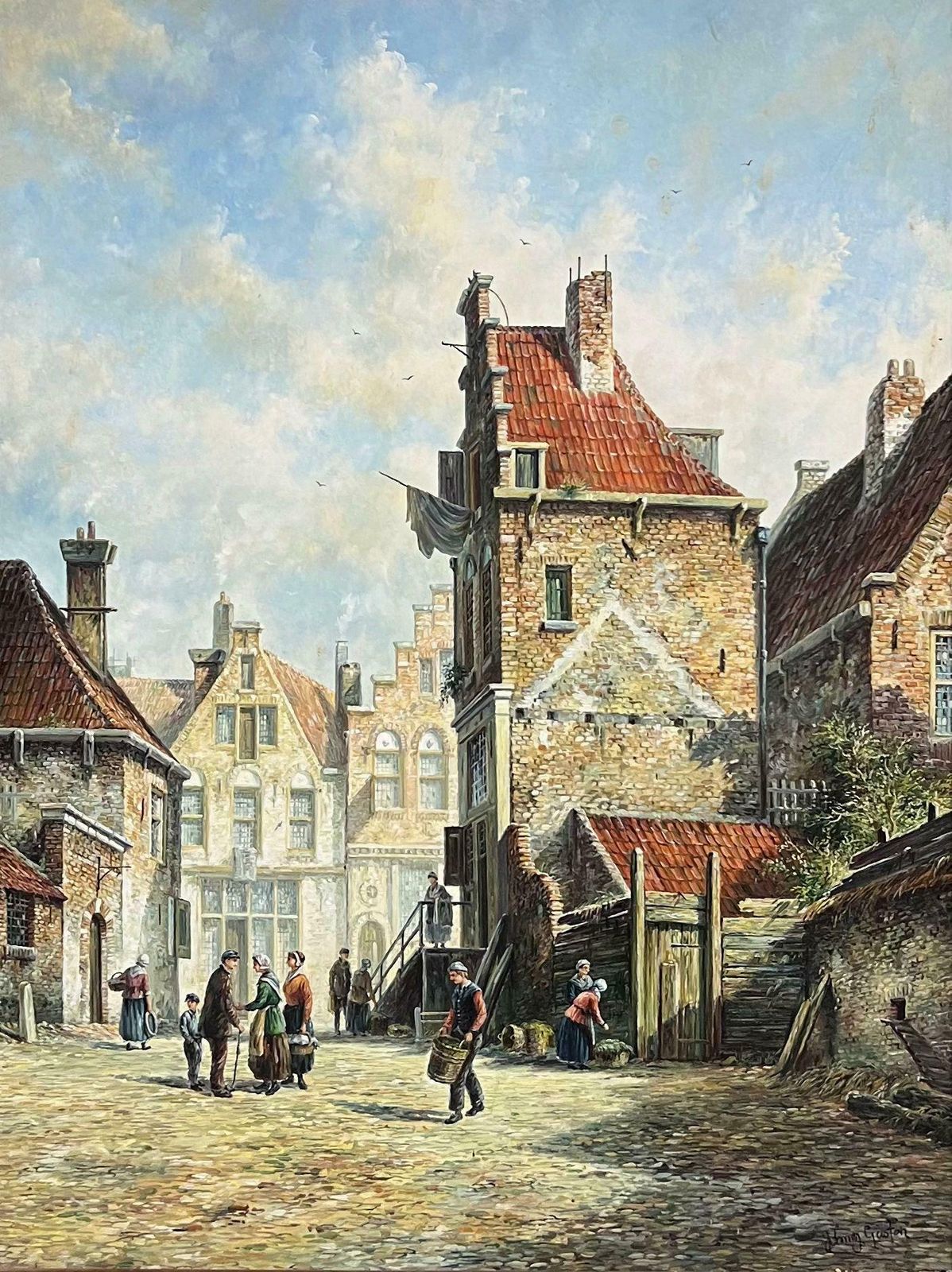 Jonny Gastonclassical Dutch Old City Street Scene Figures Old Buildings Signed & Framed Oil photo furniture