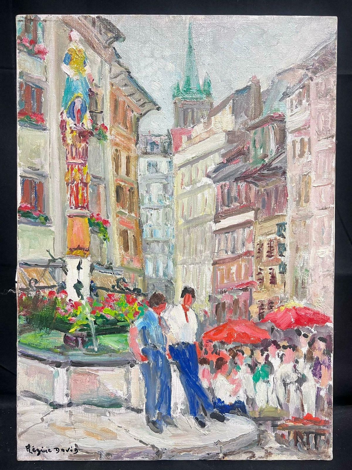 Regine David1950's French Post Impressionist Oil Lausanne Switzerland Old Market Village Sq1950's photo furniture