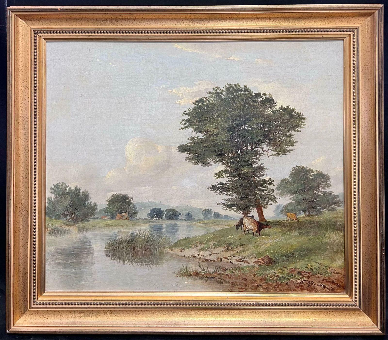 British School Tranquil Pastoral Riverbank Grazing Cows Antique 19thc Painting Nottinghamshire1853