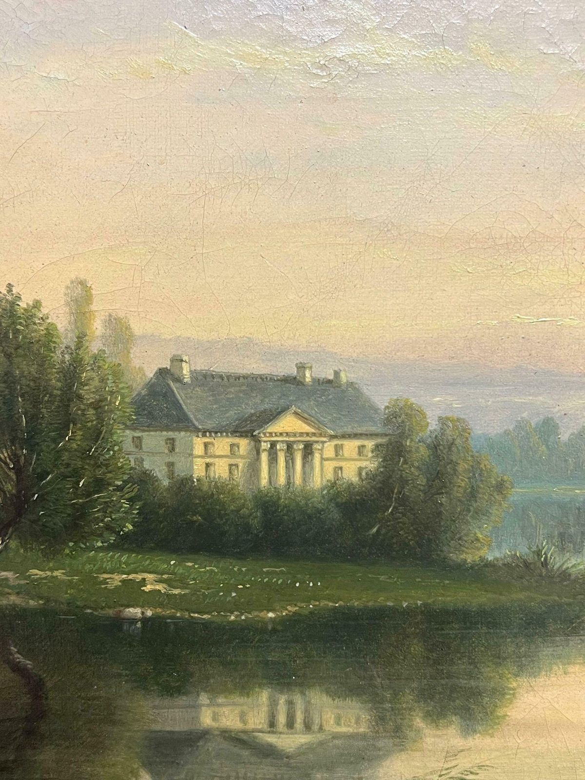 French School19th Century White Chateau Riverside Estate With Boaters Signed French Oil1855 photo buy