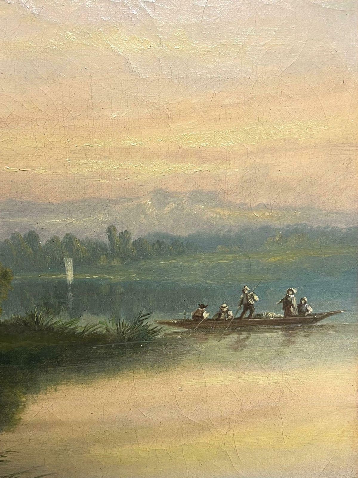 French School19th Century White Chateau Riverside Estate With Boaters Signed French Oil1855 photo vintage