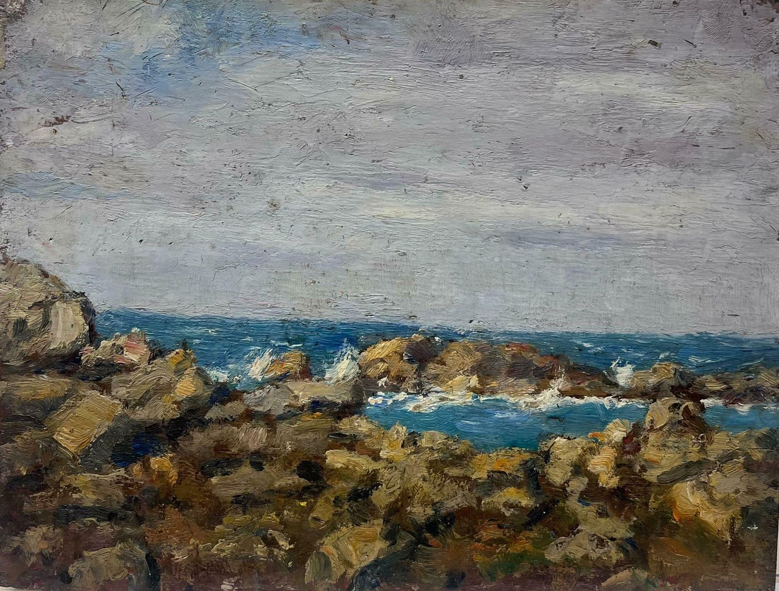 Charles Martin Sauvaigofine Antique French Impressionist Signed Oil Painting Rocky Coastline Beach Sea